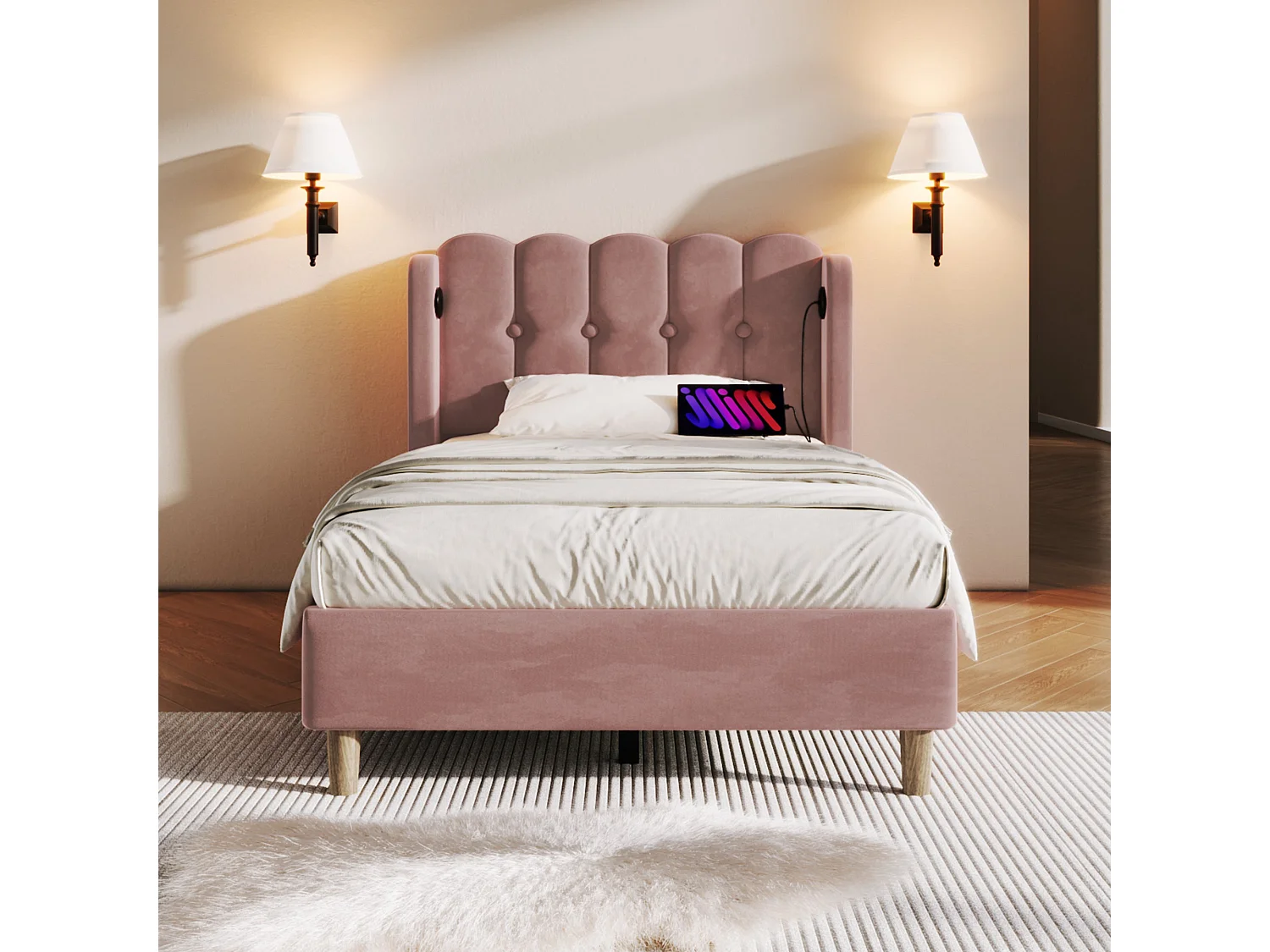 Lit simple 90x200 cm, lin rose, avec tête de lit grillagée et ports USB/Type-C, sans matelas