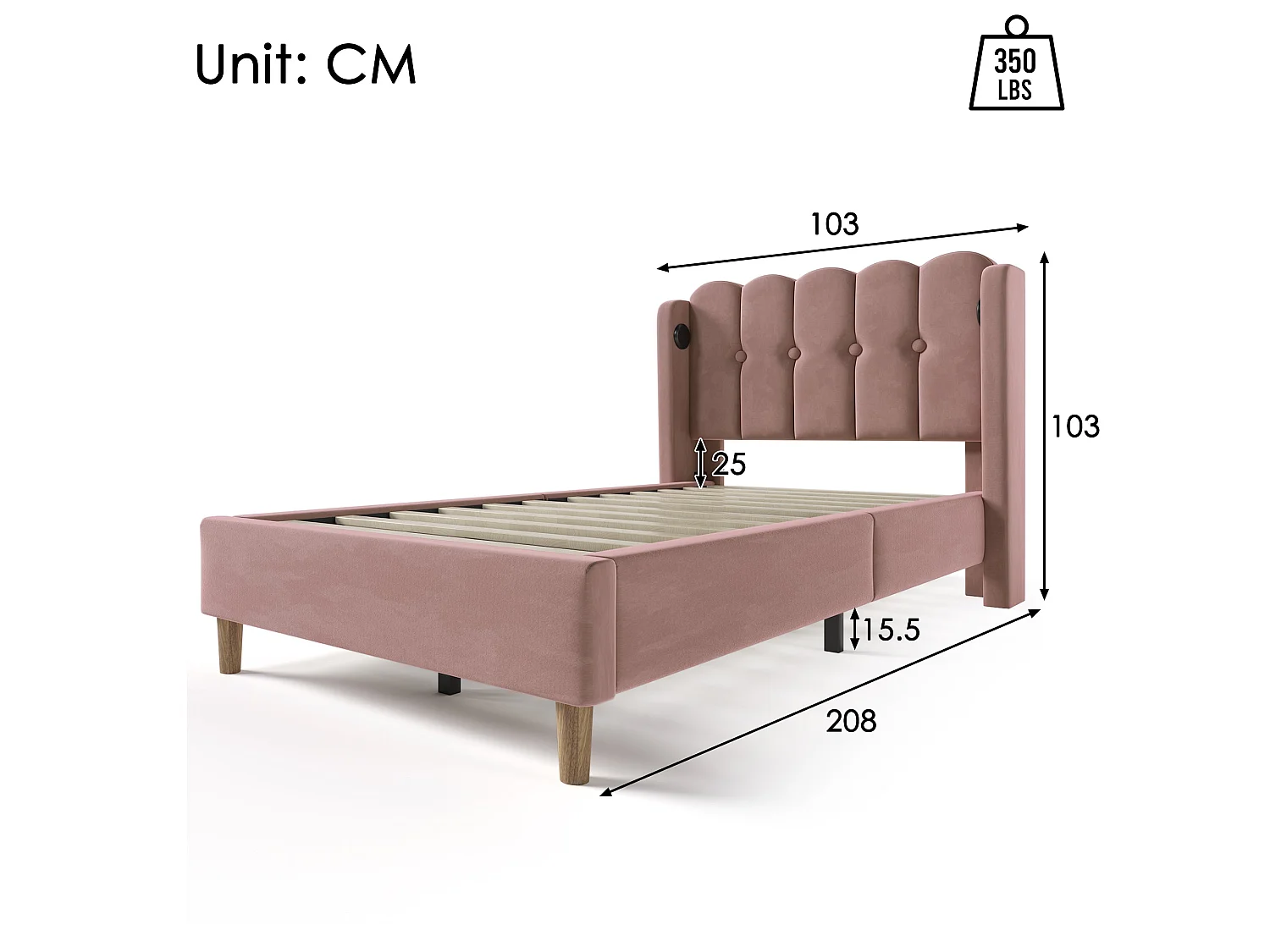 Lit simple 90x200 cm, lin rose, avec tête de lit grillagée et ports USB/Type-C, sans matelas