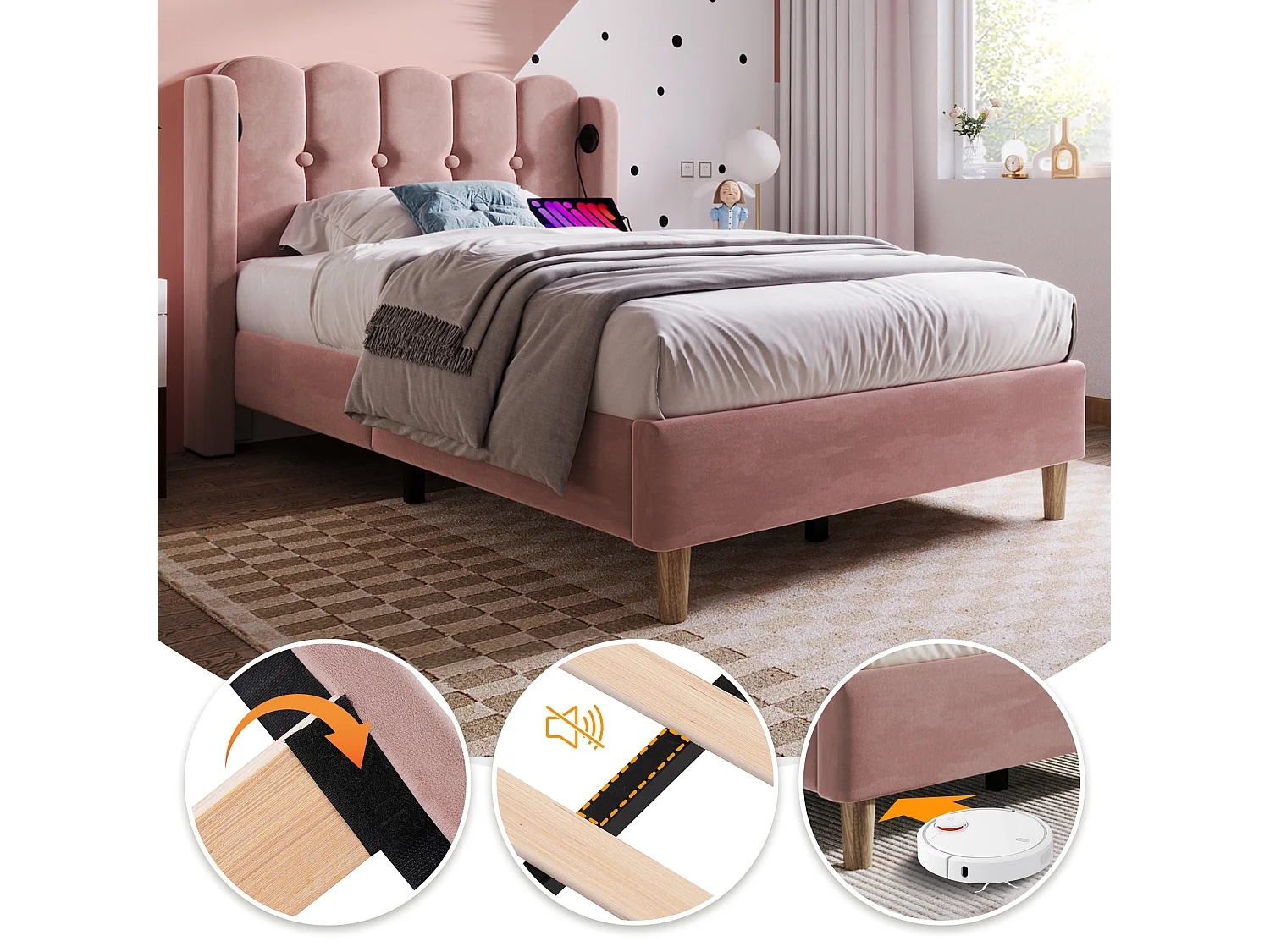 Lit simple 90x200 cm, lin rose, avec tête de lit grillagée et ports USB/Type-C, sans matelas