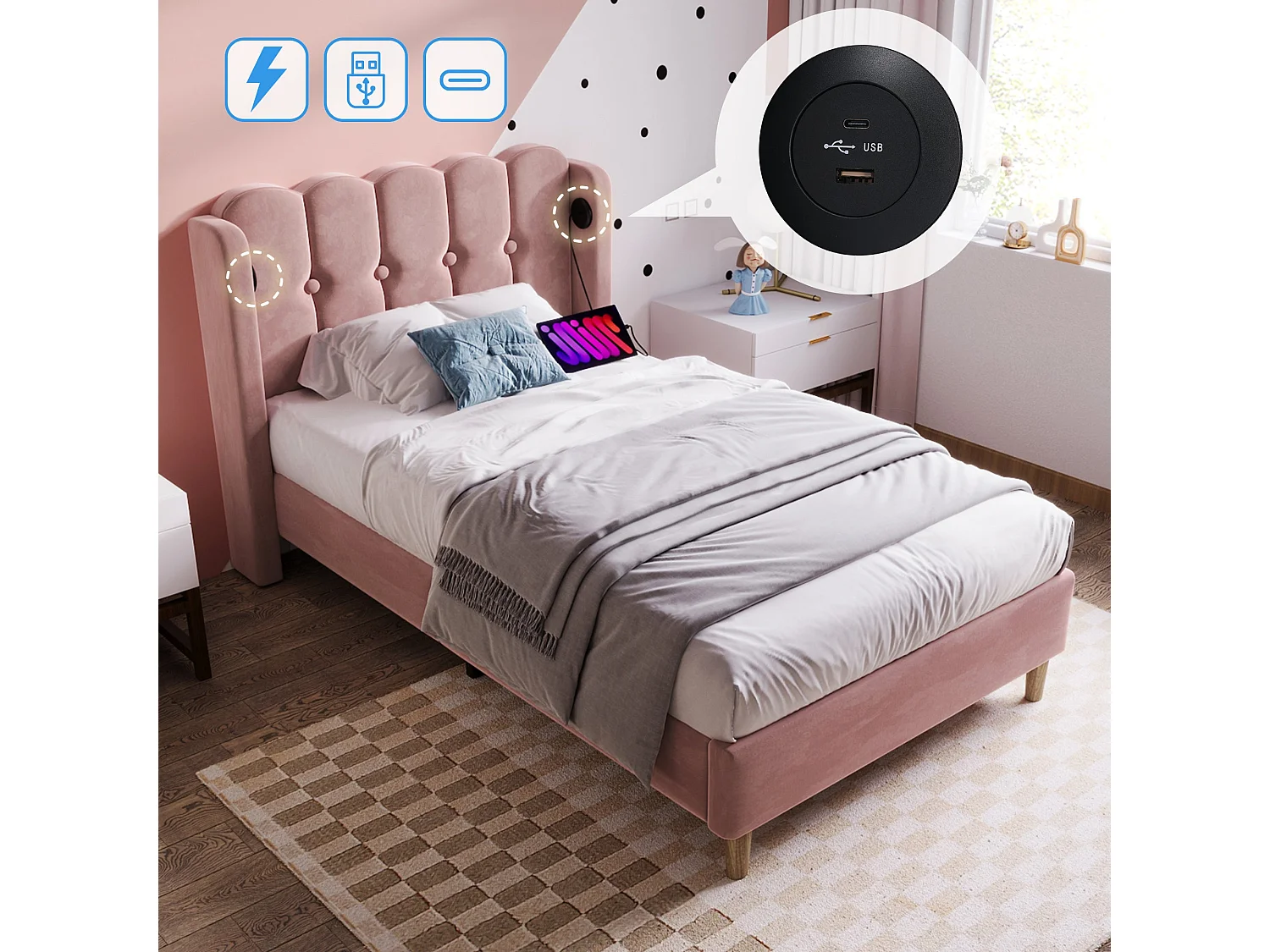 Lit simple 90x200 cm, lin rose, avec tête de lit grillagée et ports USB/Type-C, sans matelas