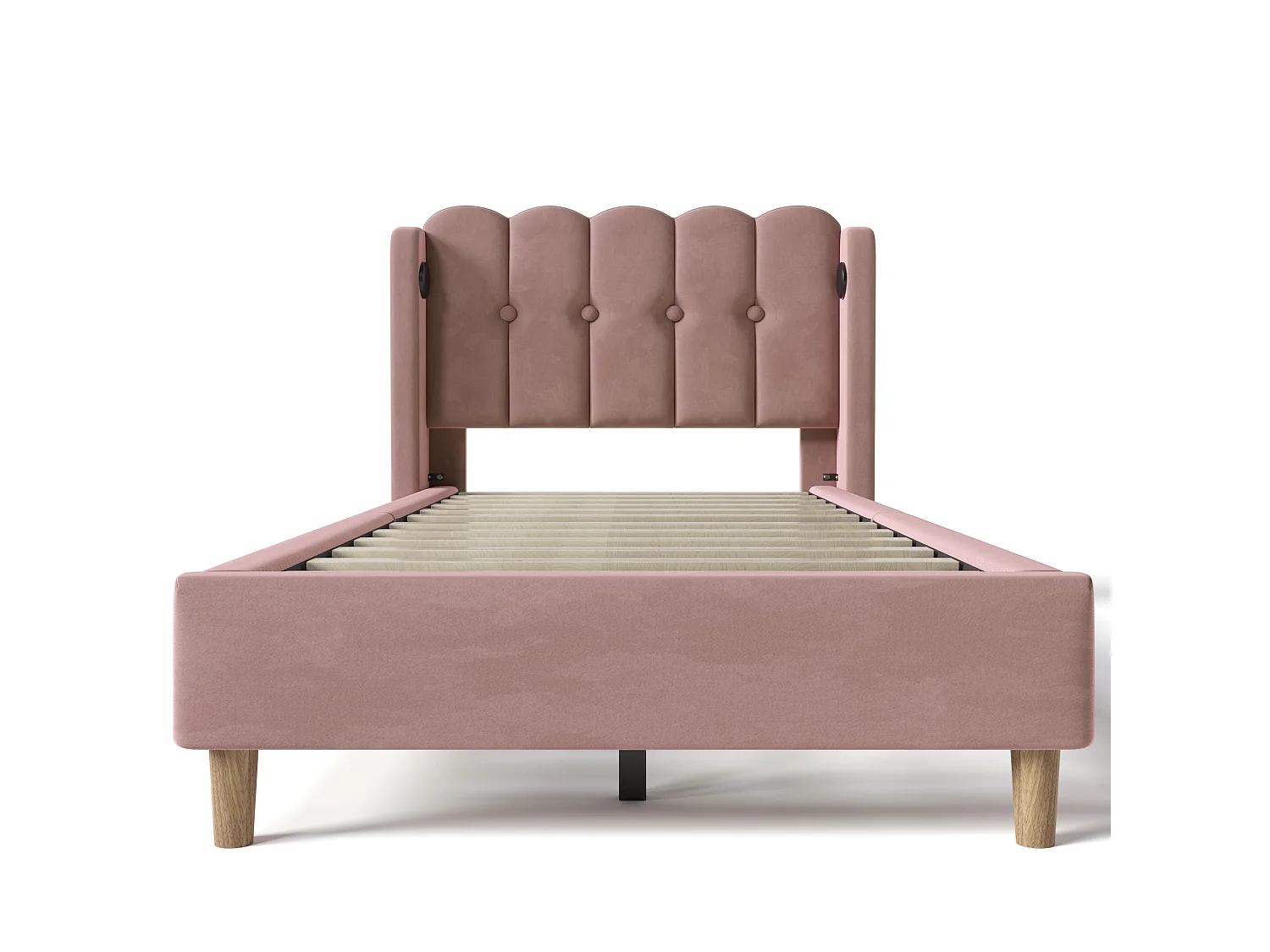 Lit simple 90x200 cm, lin rose, avec tête de lit grillagée et ports USB/Type-C, sans matelas