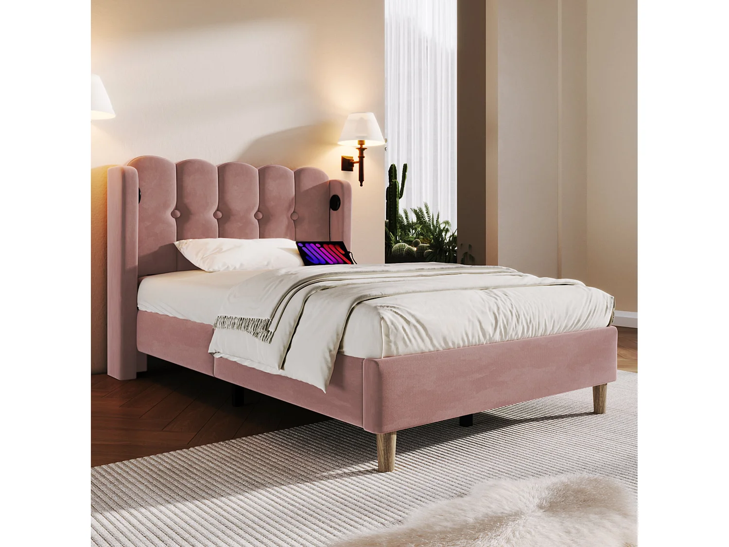 Lit simple 90x200 cm, lin rose, avec tête de lit grillagée et ports USB/Type-C, sans matelas