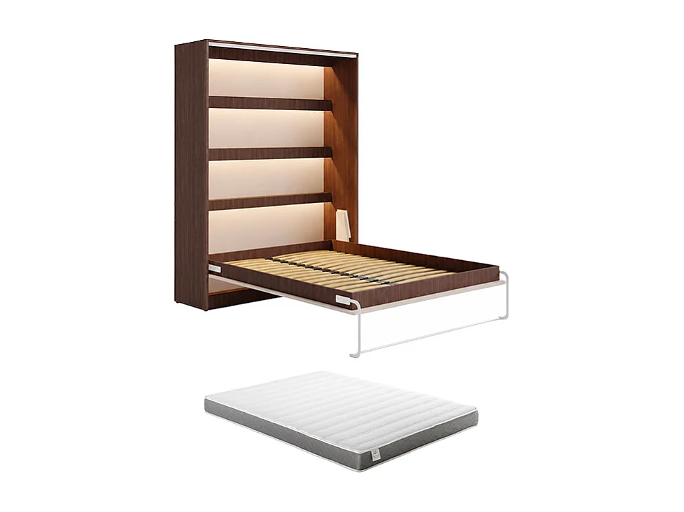 Lit escamotable 160 x 200 cm - Ouverture verticale manuelle - Coloris : Naturel foncé et beige + Matelas - RAPILI