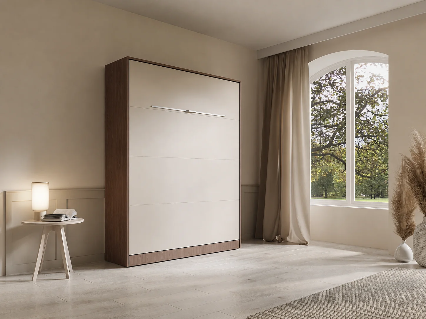 Lit escamotable 160 x 200 cm - Ouverture verticale manuelle - Coloris : Naturel foncé et beige + Matelas - RAPILI