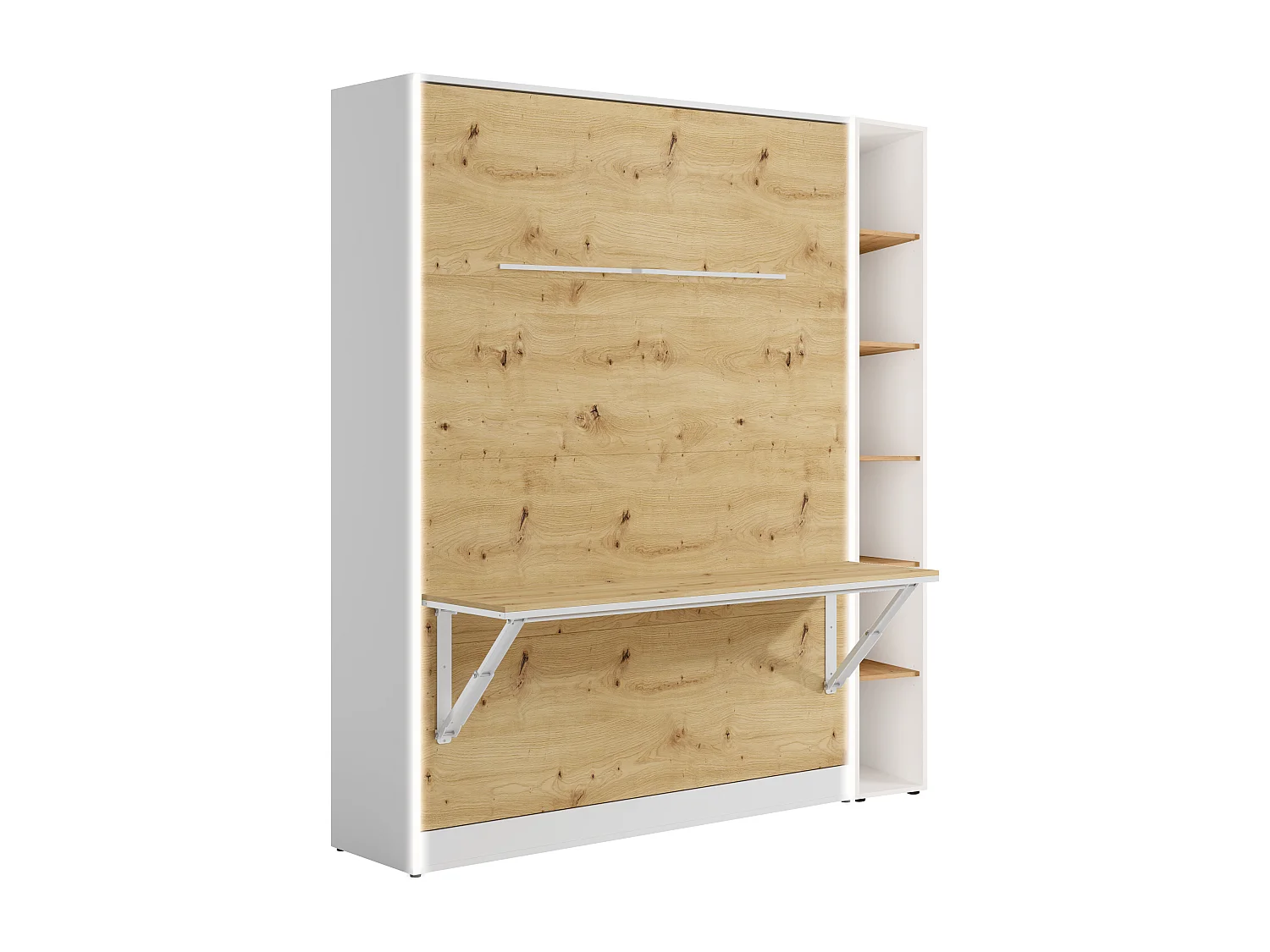 Lit escamotable vertical 140 x 200 cm - Avec bureau pliable et bibliothèque - Avec LEDs - Blanc et naturel - RAPILI