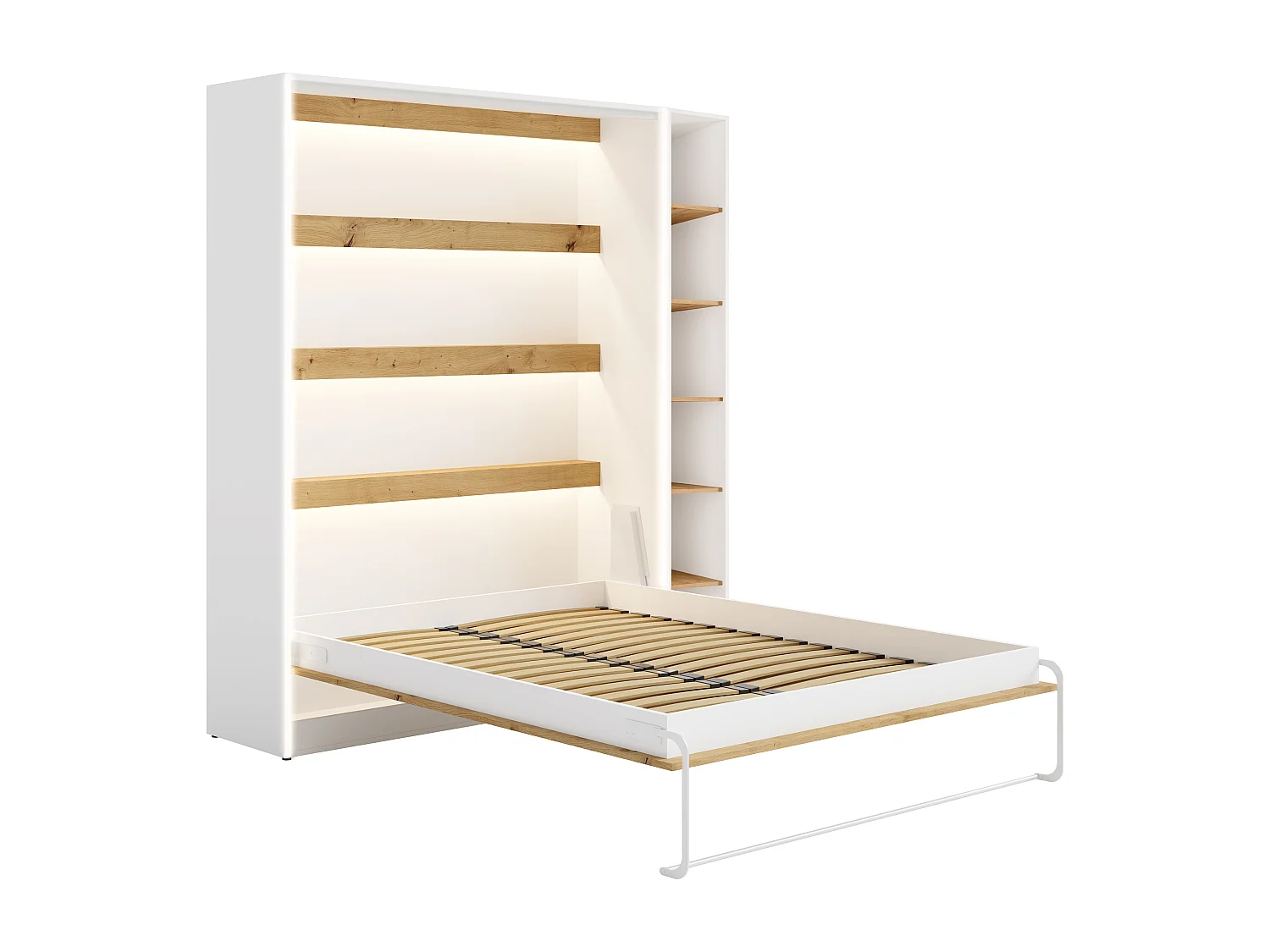 Lit escamotable vertical 140 x 200 cm - Avec bureau pliable et bibliothèque - Avec LEDs - Blanc et naturel - RAPILI