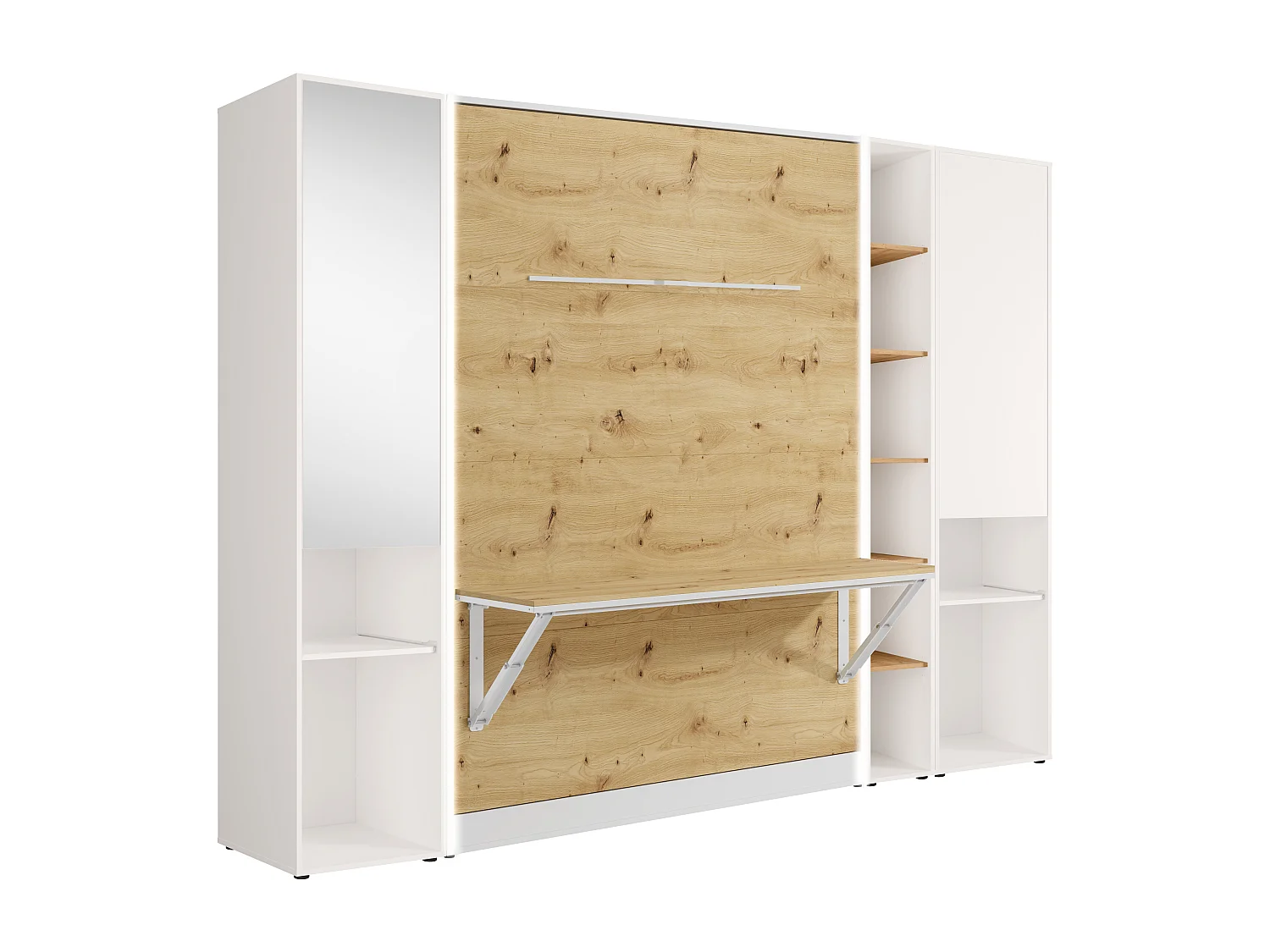 Lit escamotable vertical 140 x 200 cm - Avec bureau pliable et rangements - Avec LEDs - Blanc et naturel - RAPILI