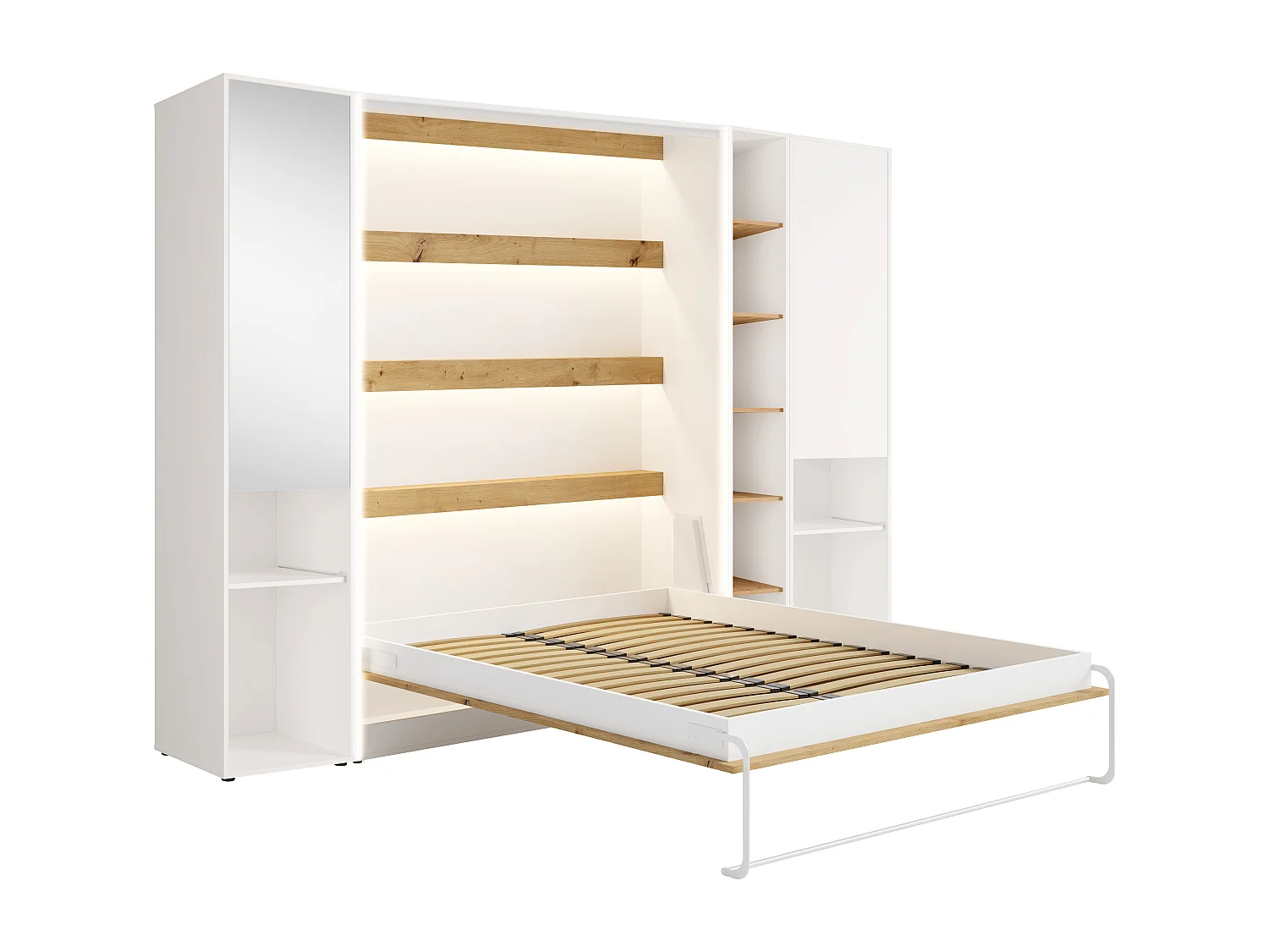 Lit escamotable vertical 140 x 200 cm - Avec bureau pliable et rangements - Avec LEDs - Blanc et naturel - RAPILI