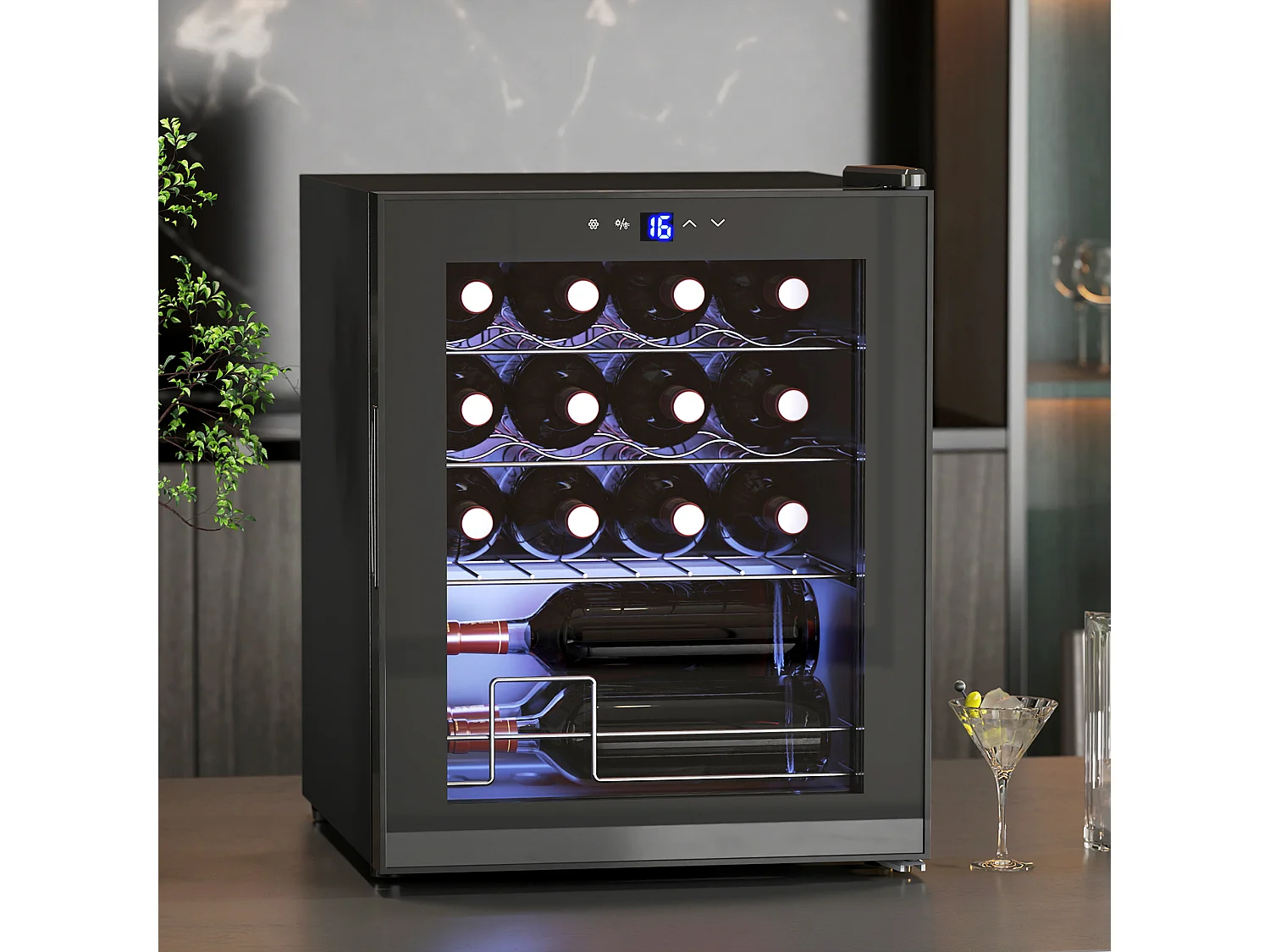 Cave à vin 16 bouteilles 42L éclairage LED acier et verre trempé noir