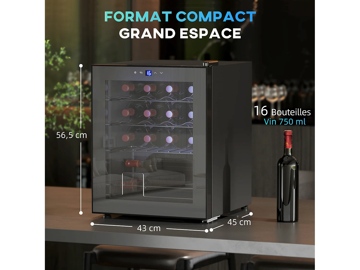 Cave à vin 16 bouteilles 42L éclairage LED acier et verre trempé noir