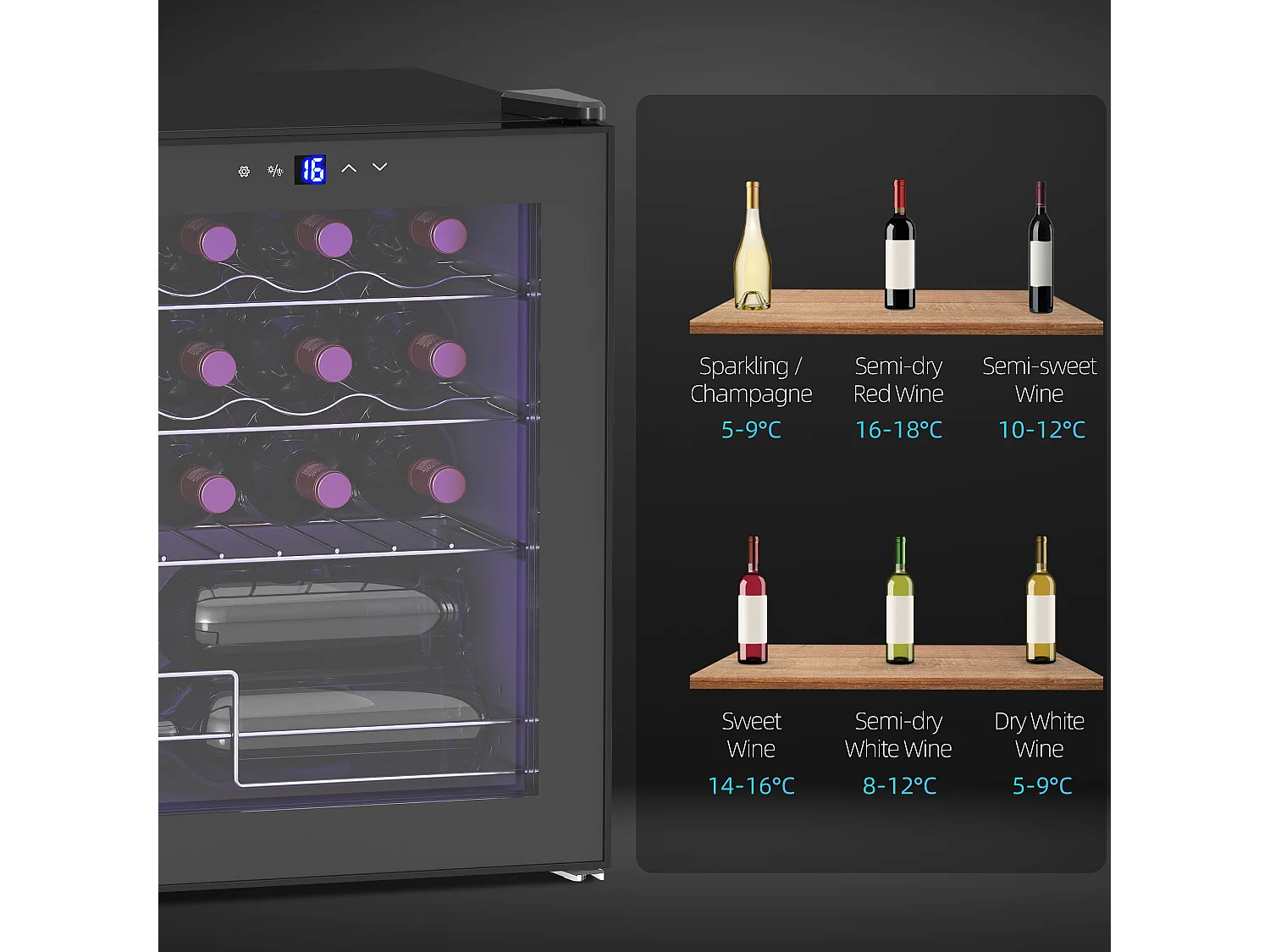 Cave à vin 16 bouteilles 42L éclairage LED acier et verre trempé noir