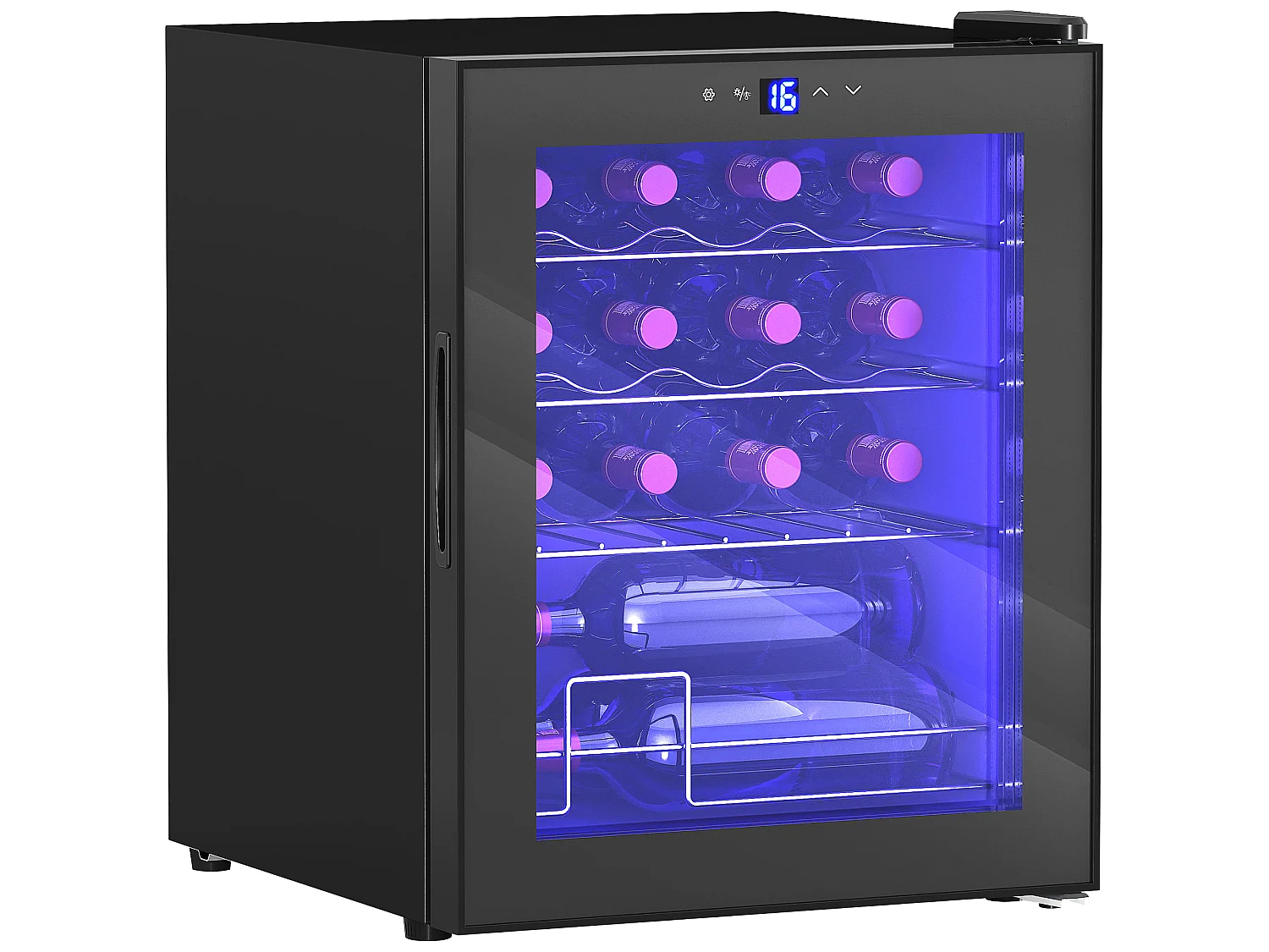 Cave à vin 16 bouteilles 42L éclairage LED acier et verre trempé noir