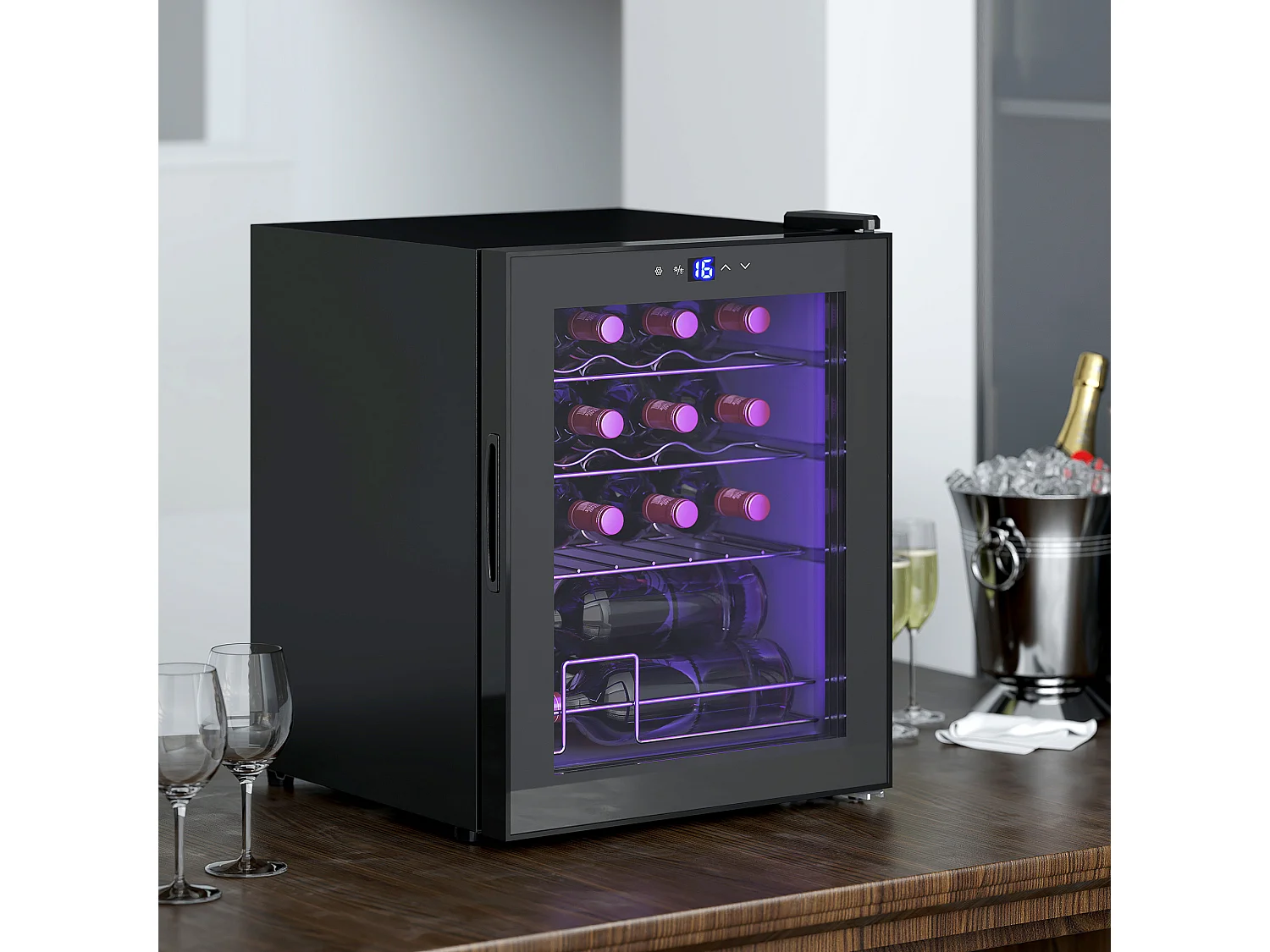Cave à vin 16 bouteilles 42L éclairage LED acier et verre trempé noir