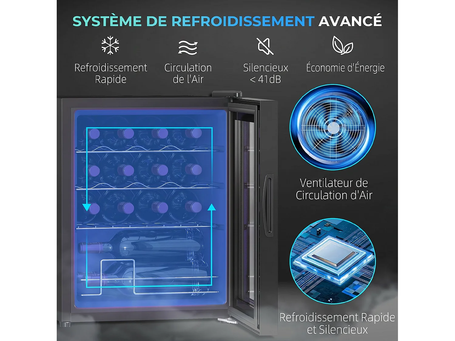 Cave à vin 16 bouteilles 42L éclairage LED acier et verre trempé noir