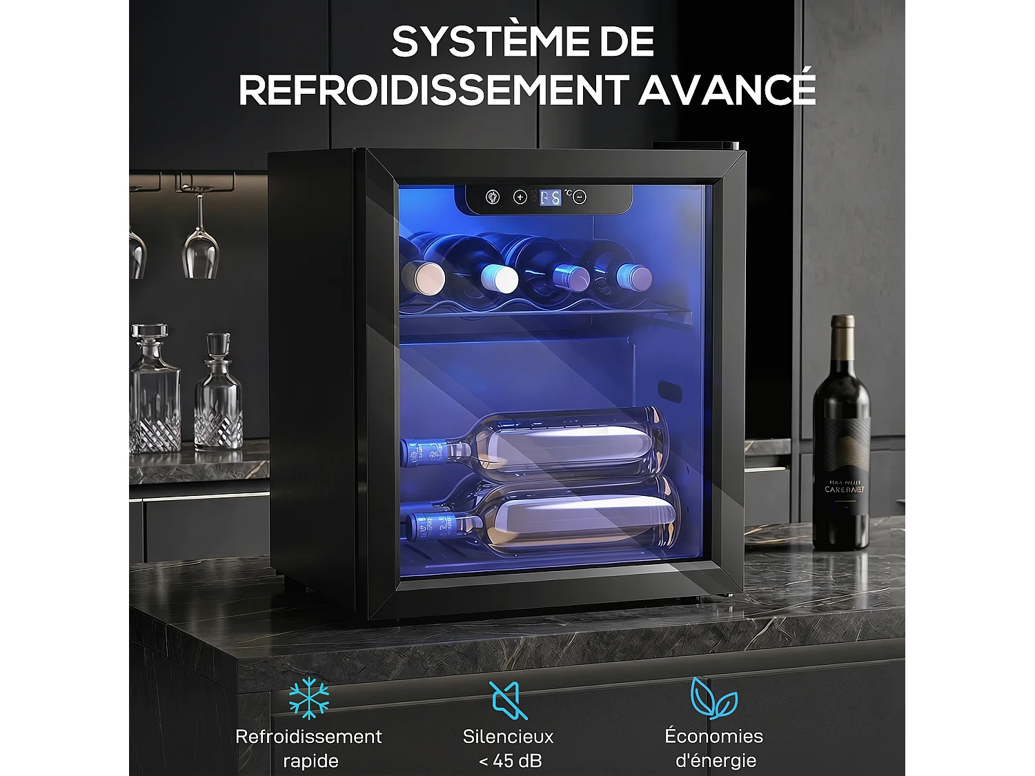 Cave à vin  12 bouteilles réglable 4-16°C porte réversible acier verre trempé noir