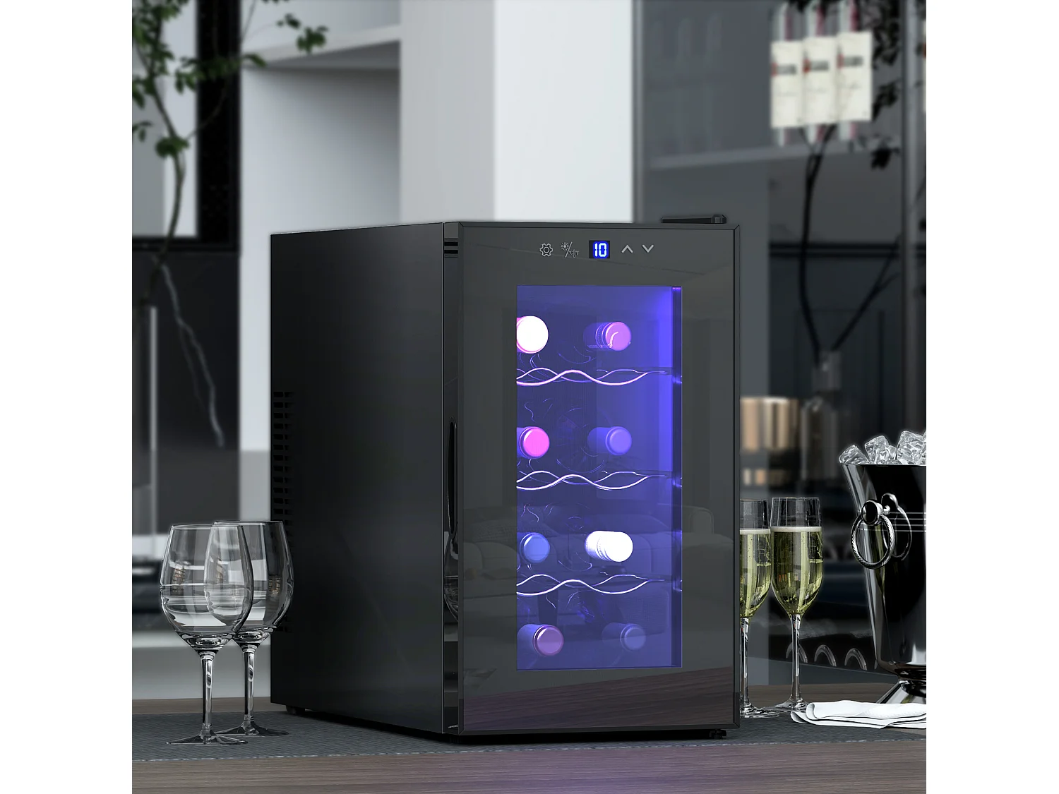 Cave à vin 8 bouteilles 21L éclairage LED acier et verre trempé noir