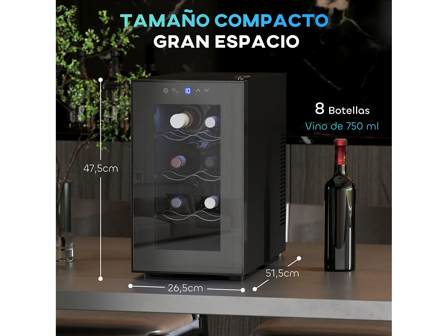 Cave à vin 8 bouteilles 21L éclairage LED acier et verre trempé noir