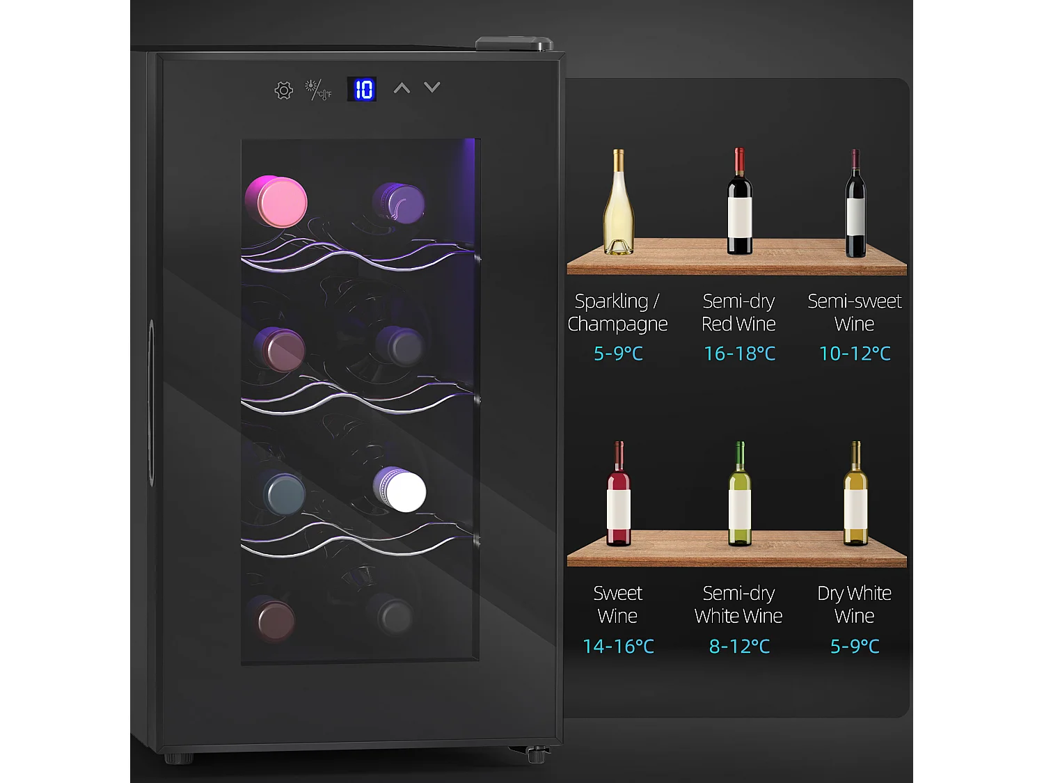 Cave à vin 8 bouteilles 21L éclairage LED acier et verre trempé noir