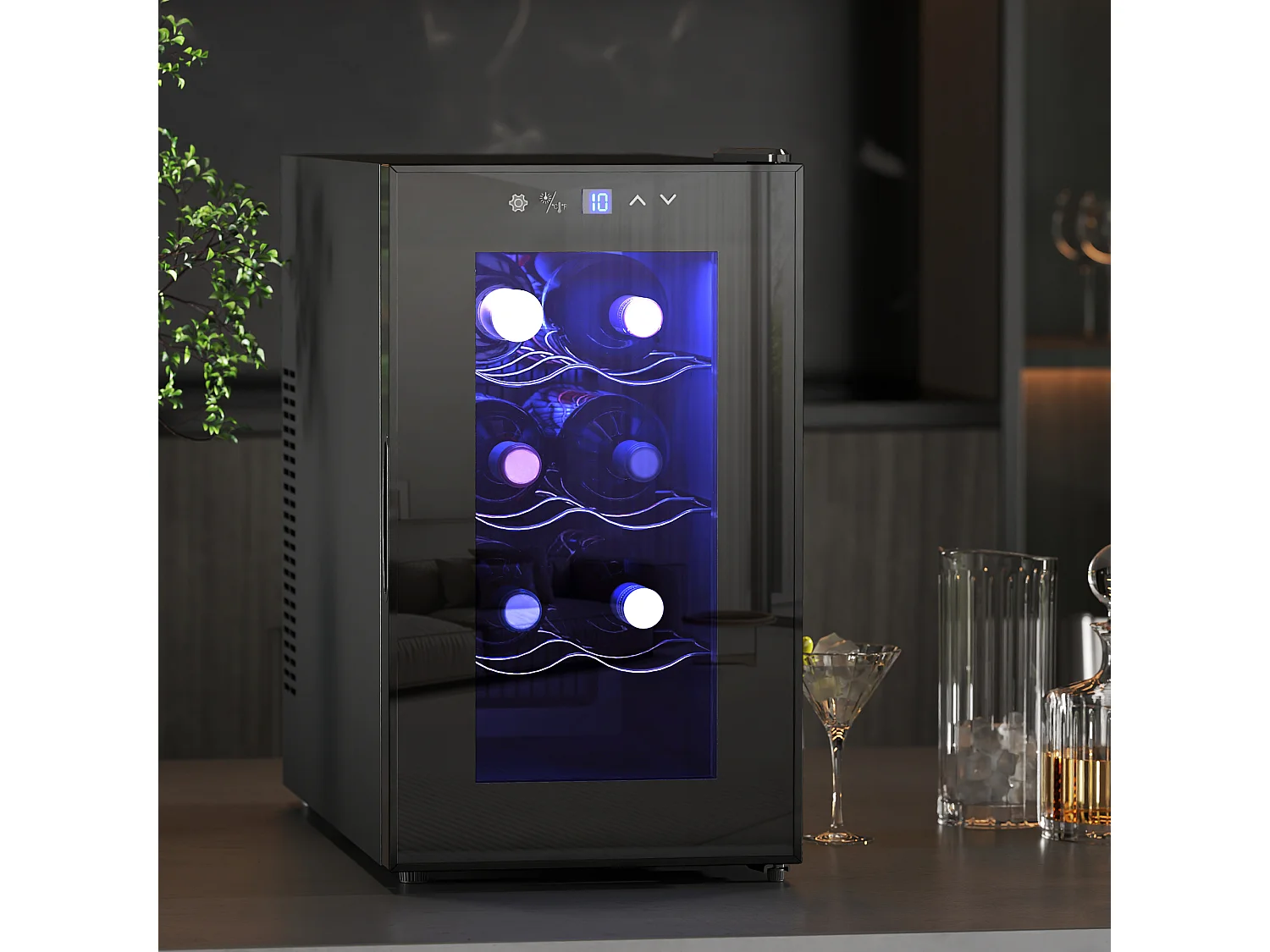 Cave à vin 8 bouteilles 21L éclairage LED acier et verre trempé noir
