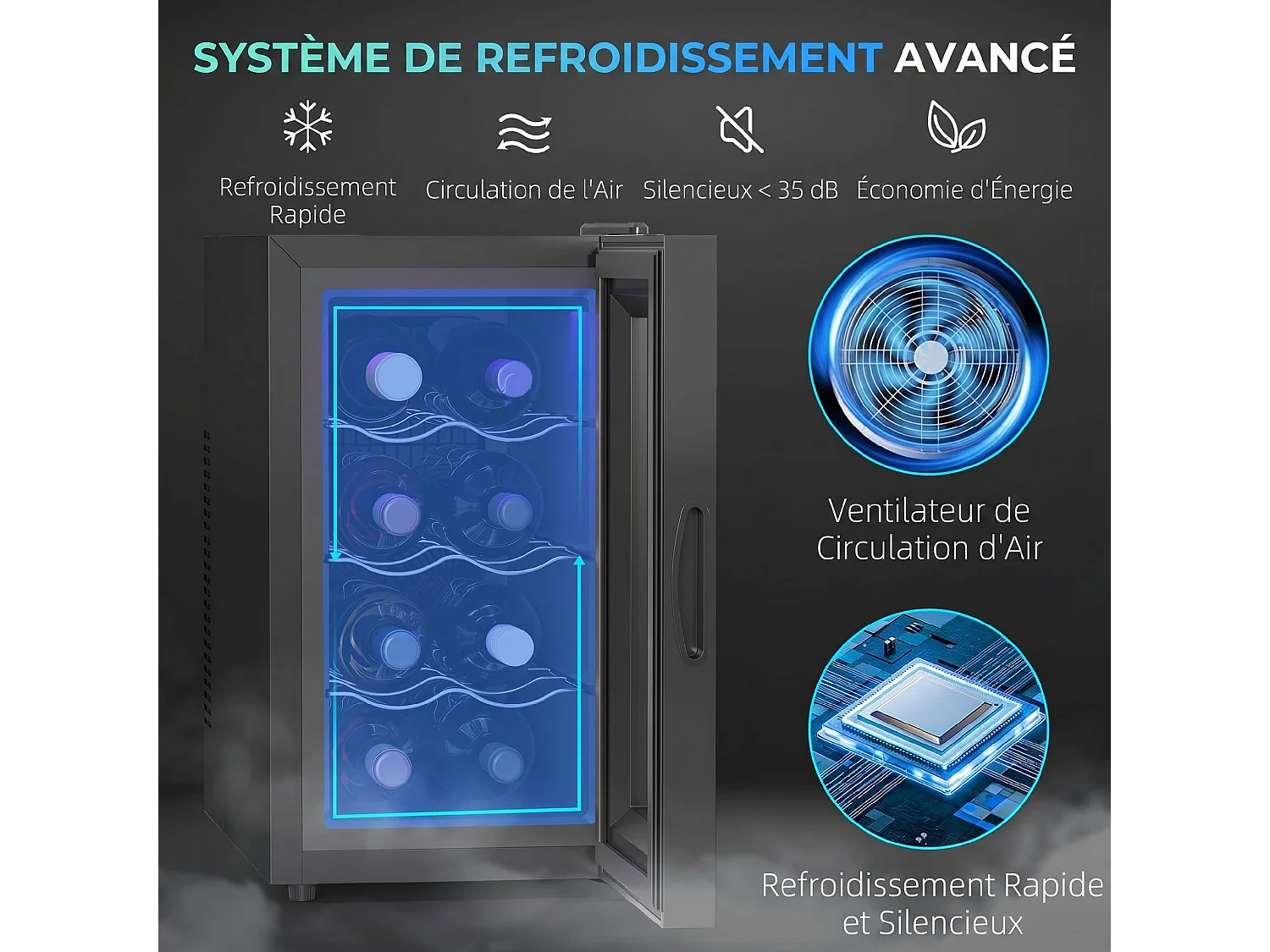 Cave à vin 8 bouteilles 21L éclairage LED acier et verre trempé noir