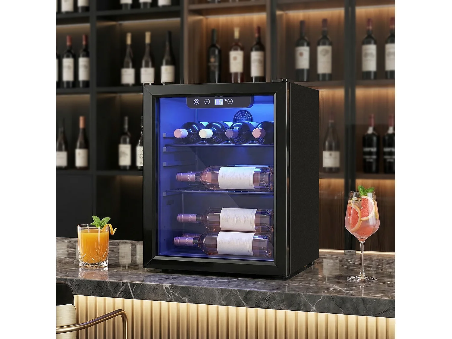 Cave à vin  16 bouteilles réglable 4-16°C porte réversible acier verre trempé noir