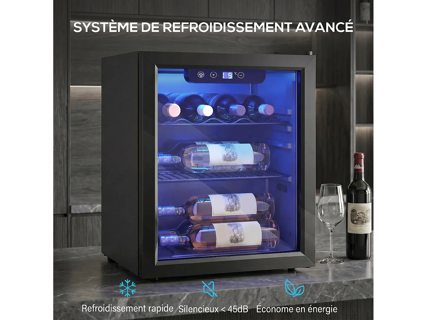 Cave à vin  16 bouteilles réglable 4-16°C porte réversible acier verre trempé noir