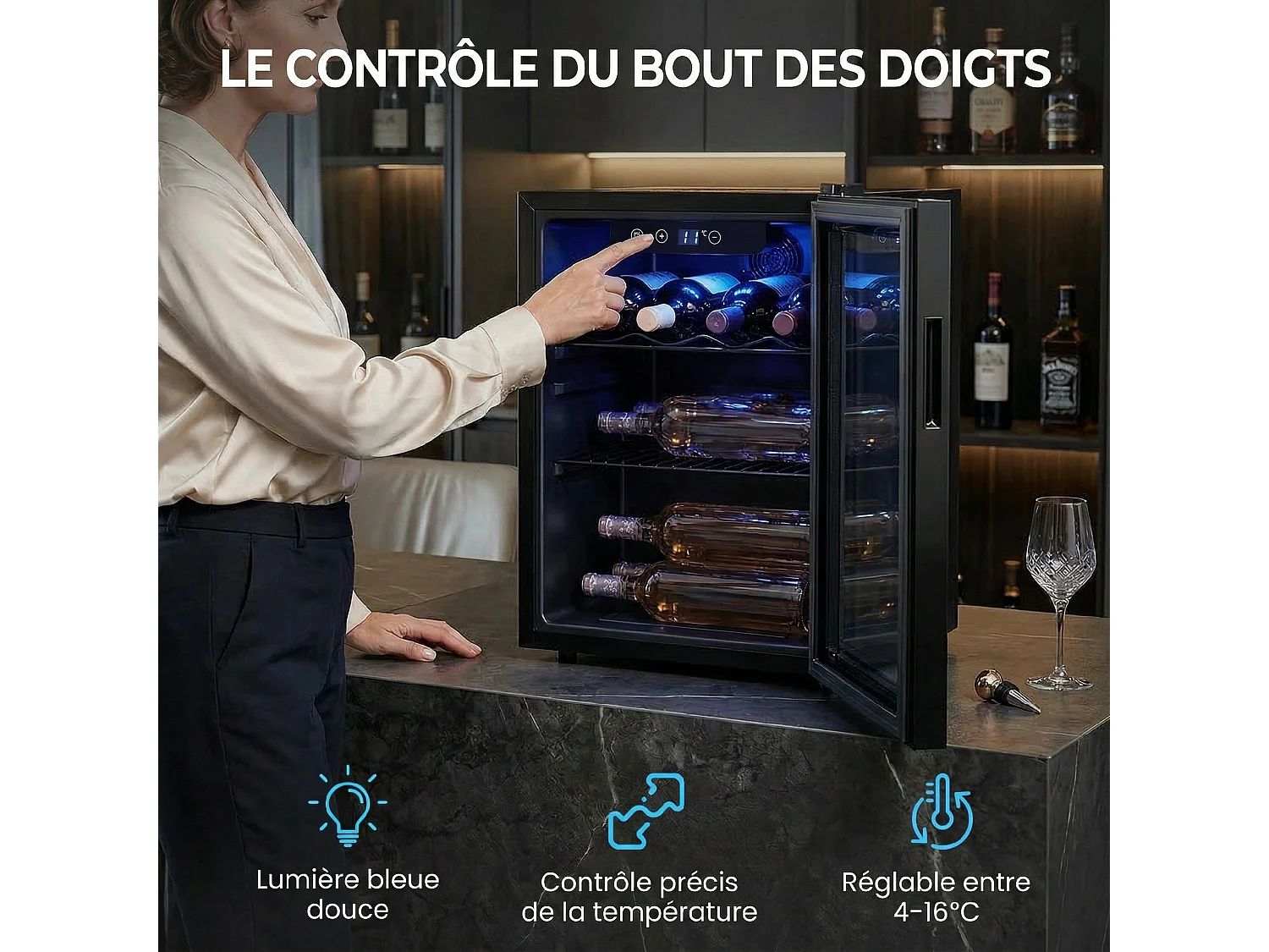 Cave à vin  16 bouteilles réglable 4-16°C porte réversible acier verre trempé noir