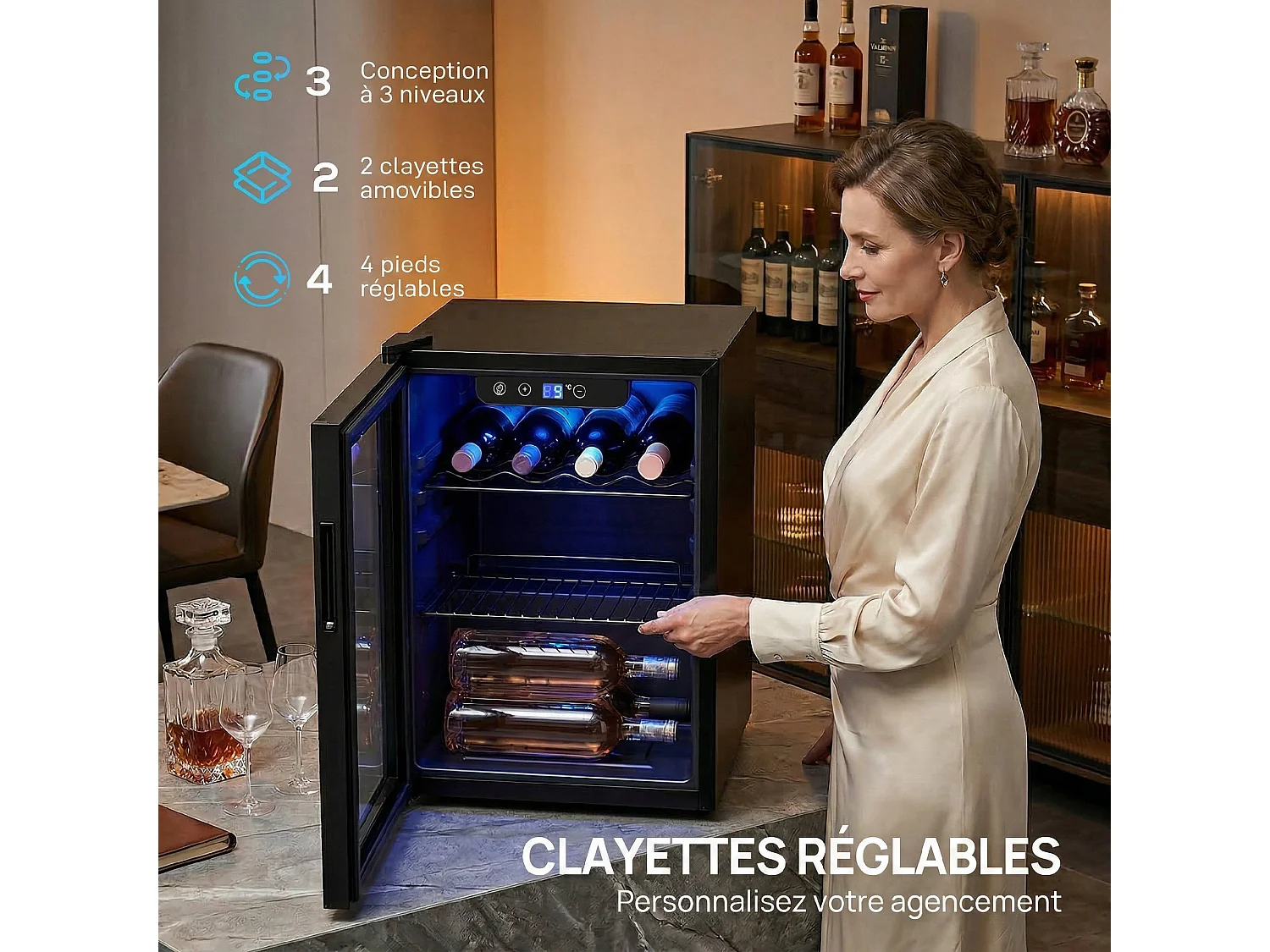 Cave à vin  16 bouteilles réglable 4-16°C porte réversible acier verre trempé noir