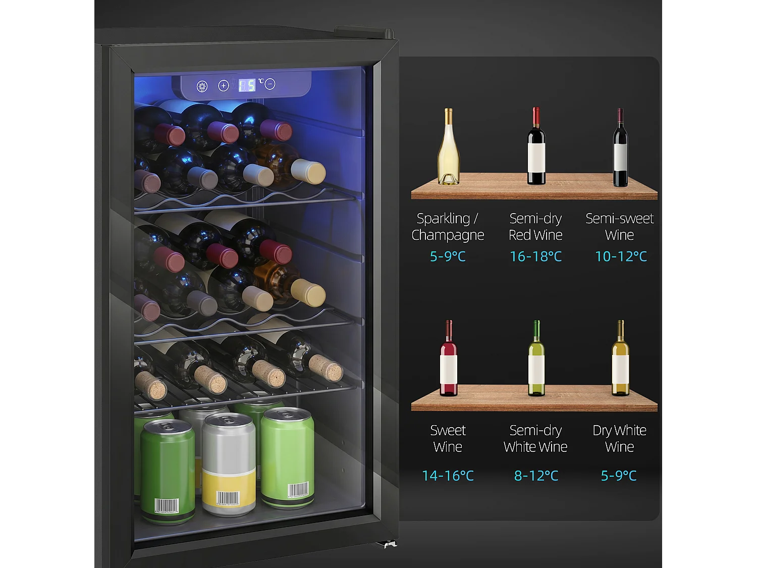 Cave à vin  24 bouteilles réglable 4-16°C porte réversible acier verre trempé noir
