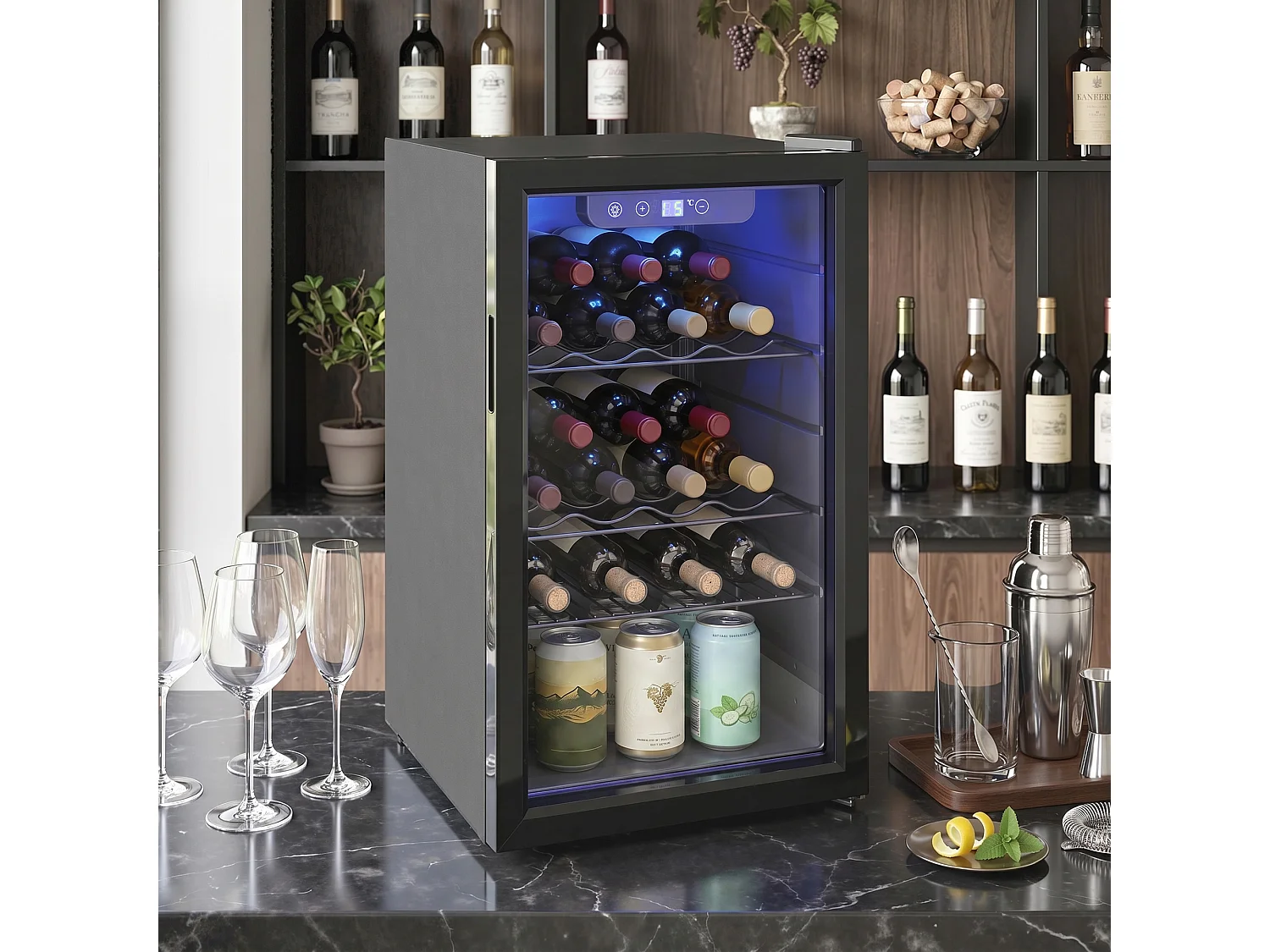 Cave à vin  24 bouteilles réglable 4-16°C porte réversible acier verre trempé noir