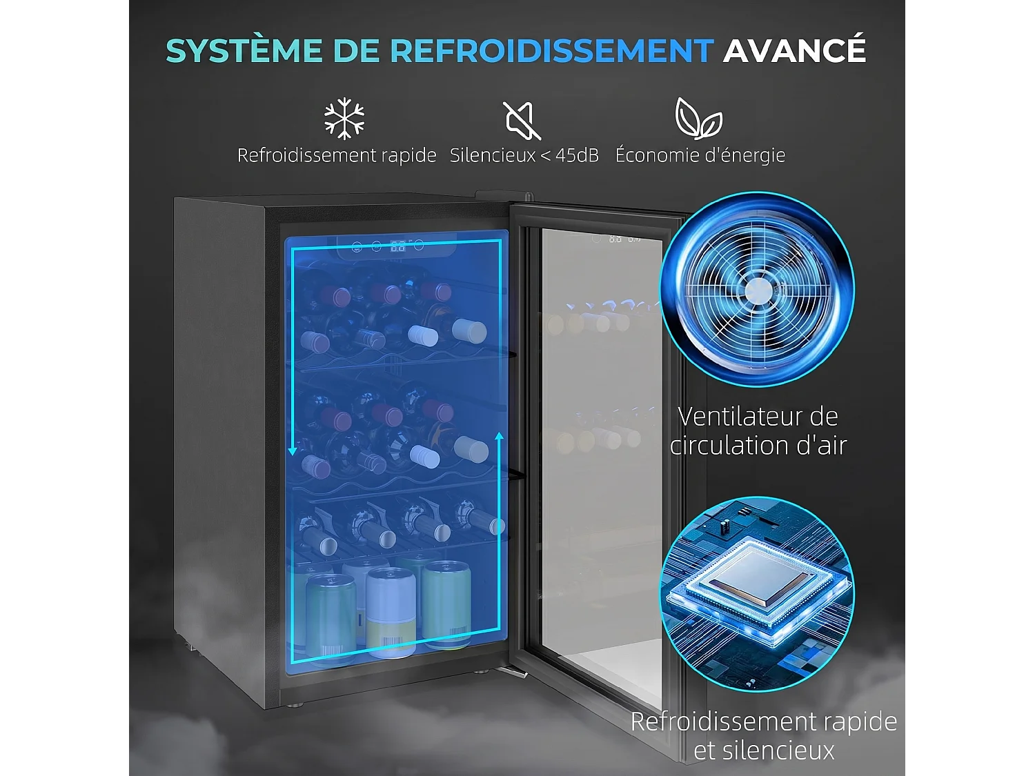 Cave à vin  24 bouteilles réglable 4-16°C porte réversible acier verre trempé noir