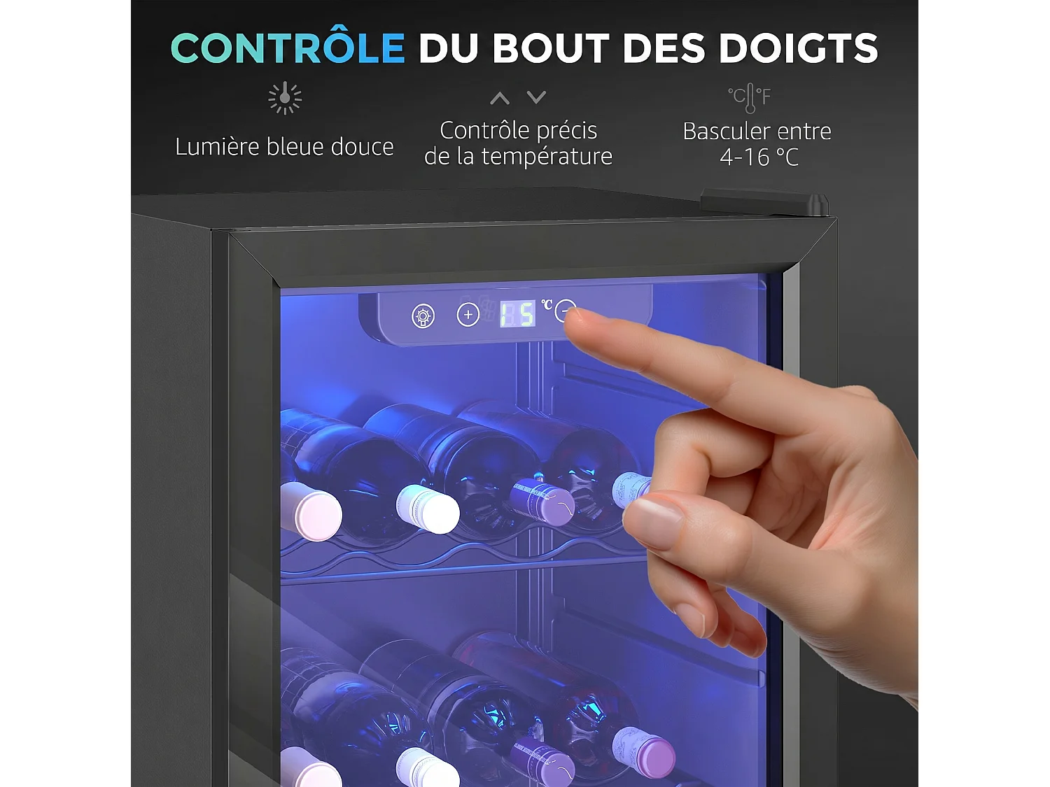 Cave à vin  24 bouteilles réglable 4-16°C porte réversible acier verre trempé noir