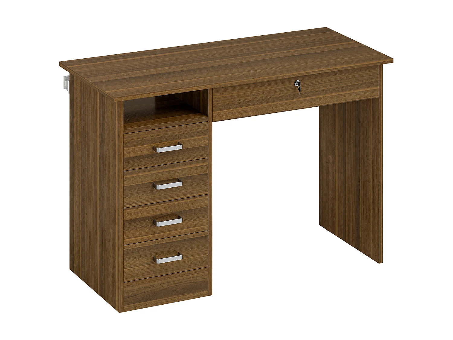 Bureau informatique multimédia multi-rangement 5 tiroirs niche 110L x 50l x 76H cm noyer