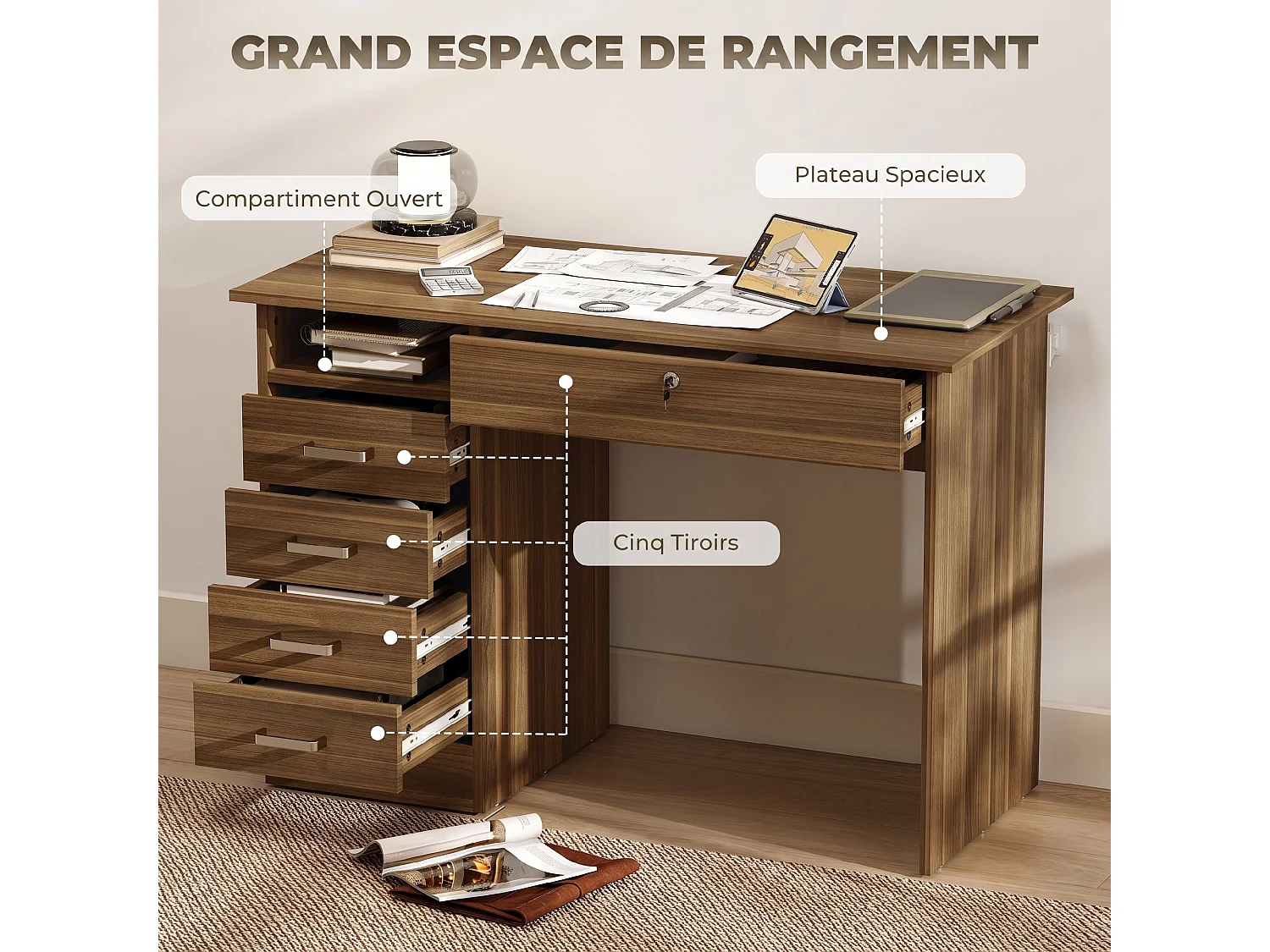 Bureau informatique multimédia multi-rangement 5 tiroirs niche 110L x 50l x 76H cm noyer