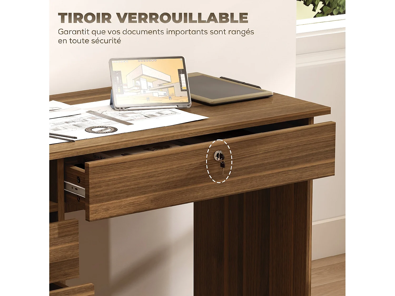 Bureau informatique multimédia multi-rangement 5 tiroirs niche 110L x 50l x 76H cm noyer