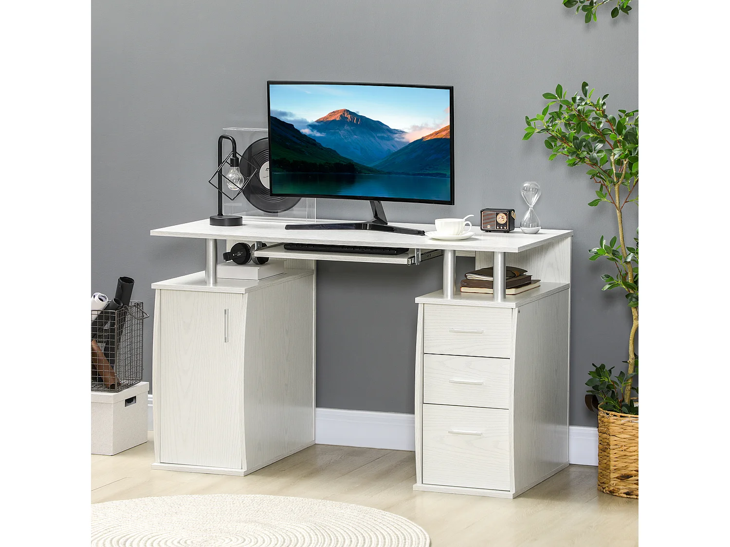 Bureau informatique multi-rangement design alu effet bois blanc