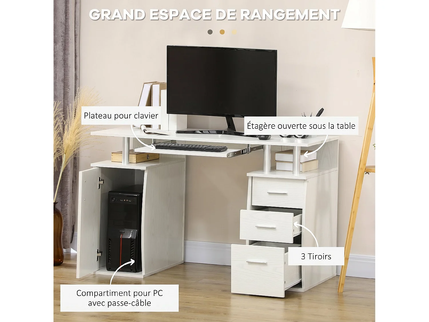 Bureau informatique multi-rangement design alu effet bois blanc