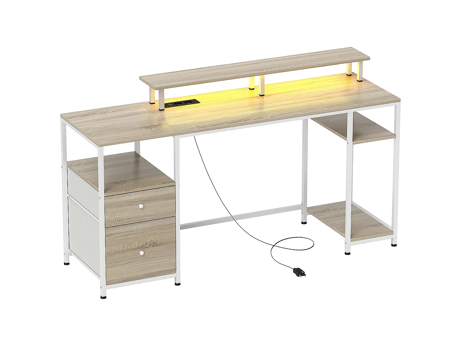 Bureau informatique LED réglable prises ports USB intégrés support écran 3 niches 2 tiroirs