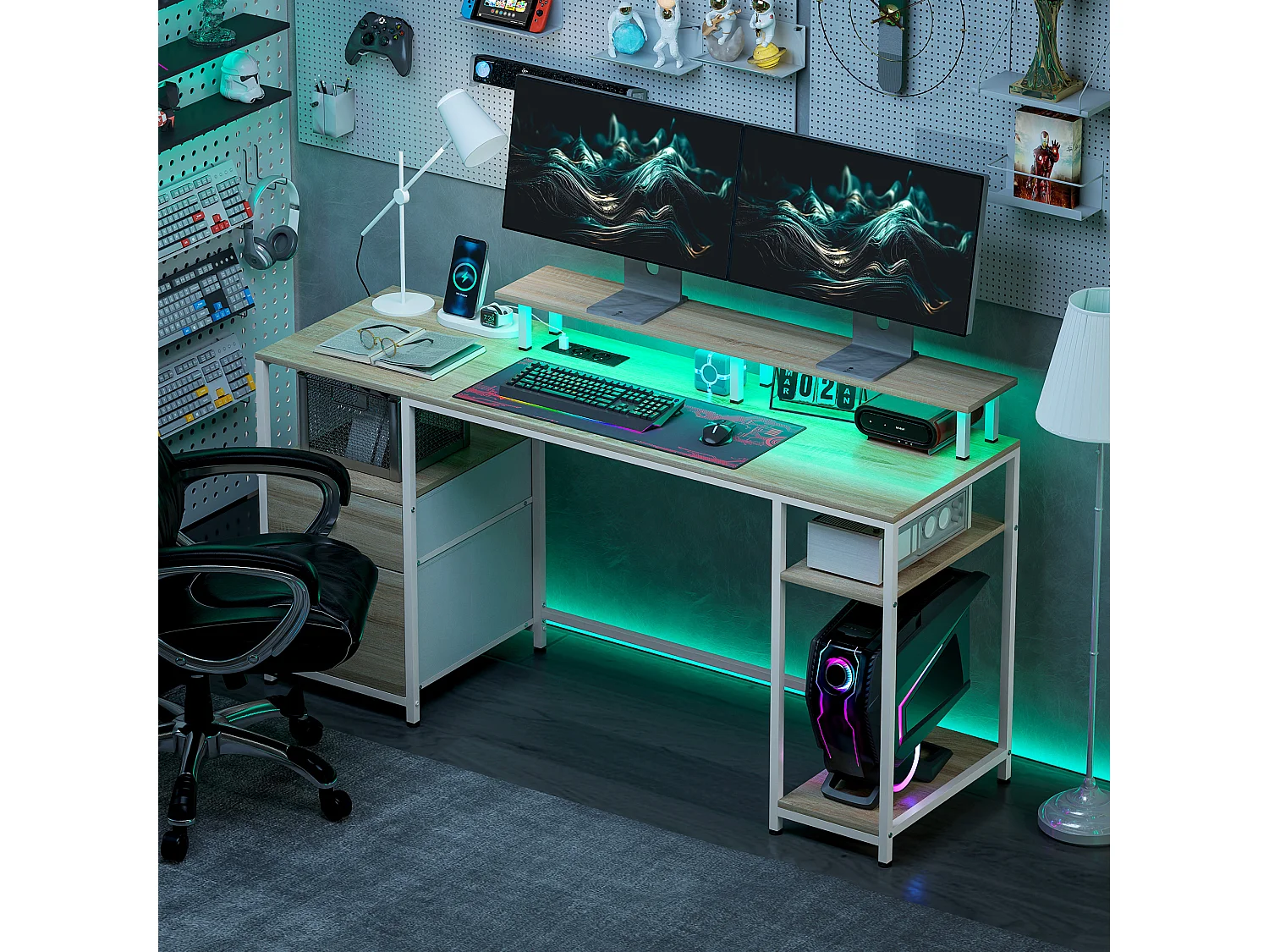 Bureau informatique LED réglable prises ports USB intégrés support écran 3 niches 2 tiroirs