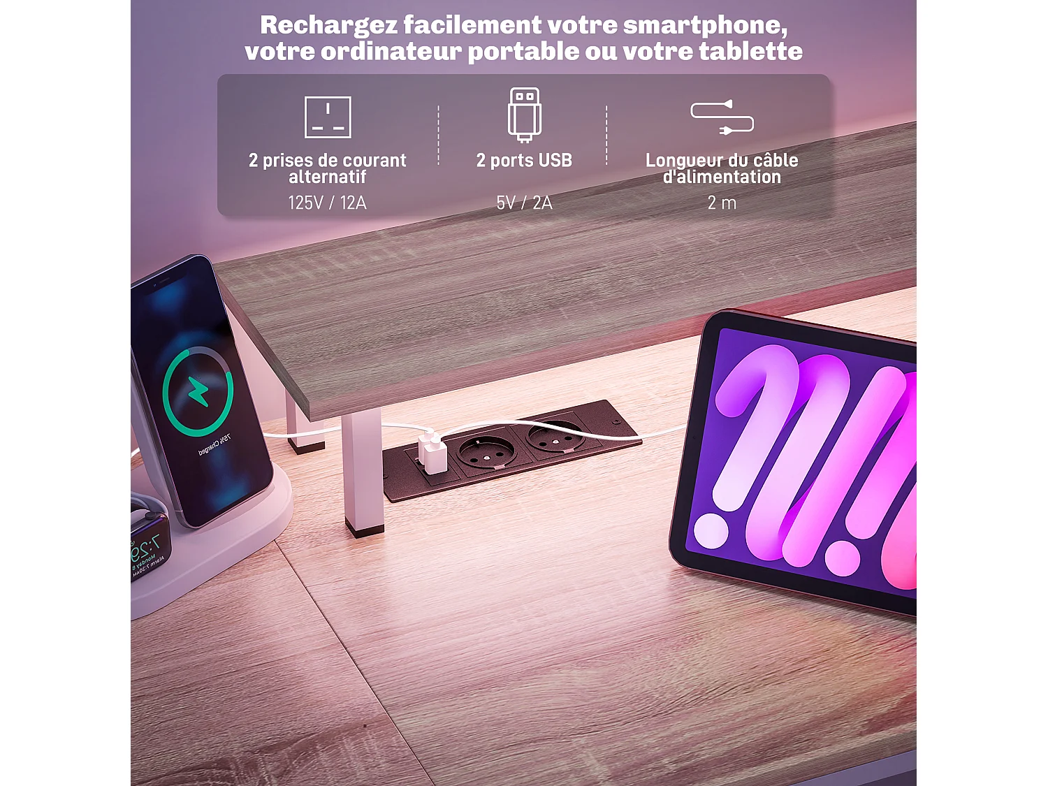 Bureau informatique LED réglable prises ports USB intégrés support écran 3 niches 2 tiroirs