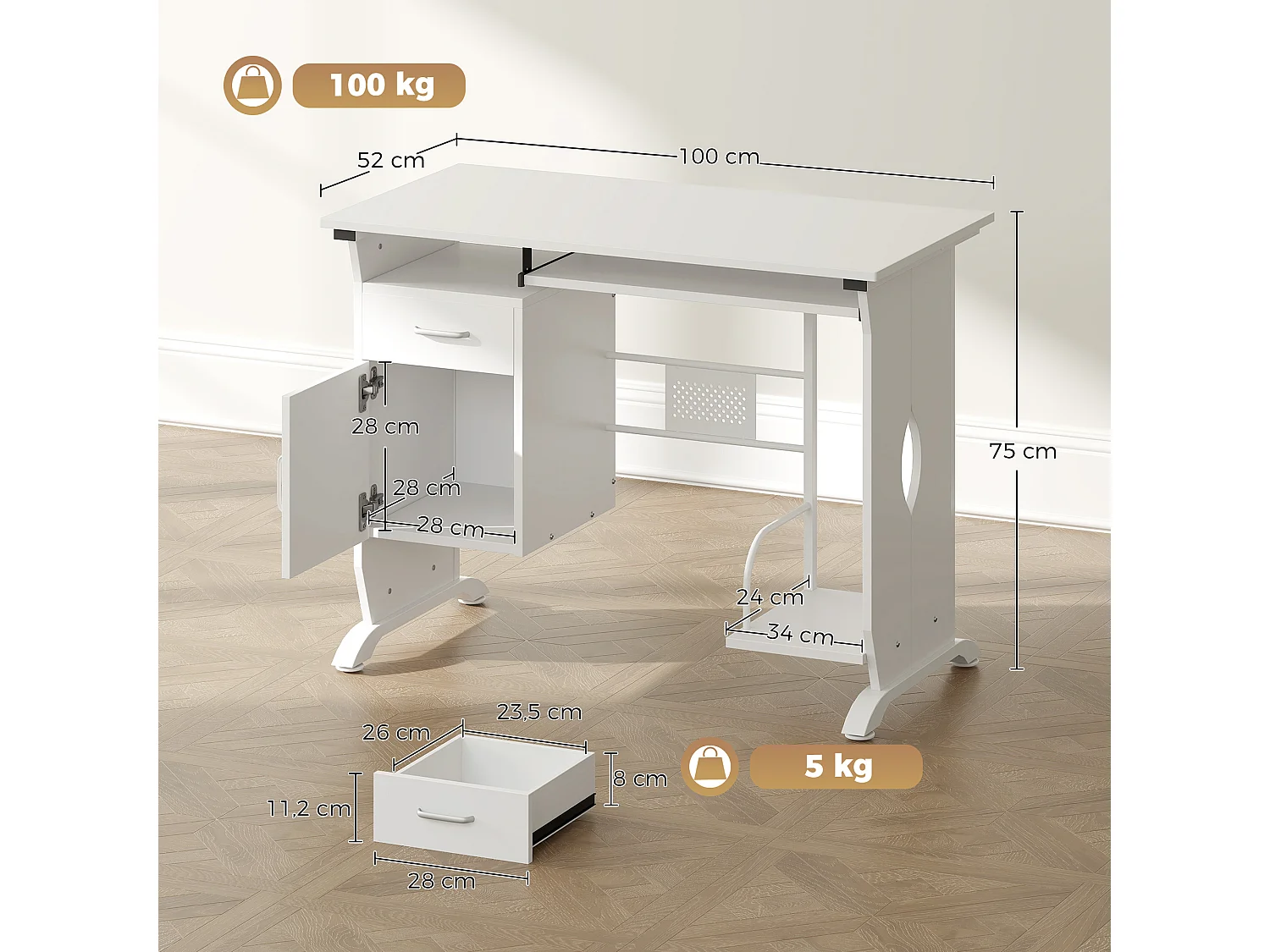 Bureau informatique design en mdf 100 L x 52 I x 75H cm blanc