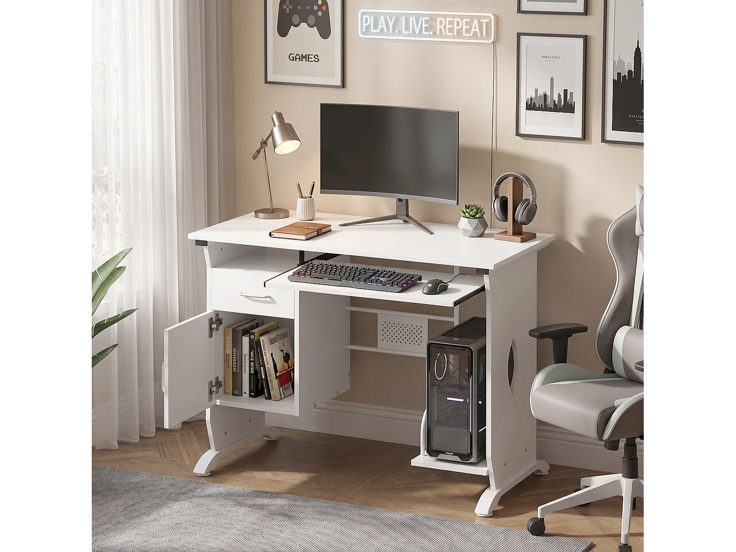 Bureau informatique design en mdf 100 L x 52 I x 75H cm blanc