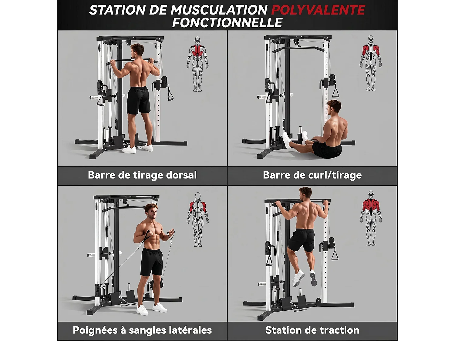 Station de musculation multifonction réglages multiples acier gris noir