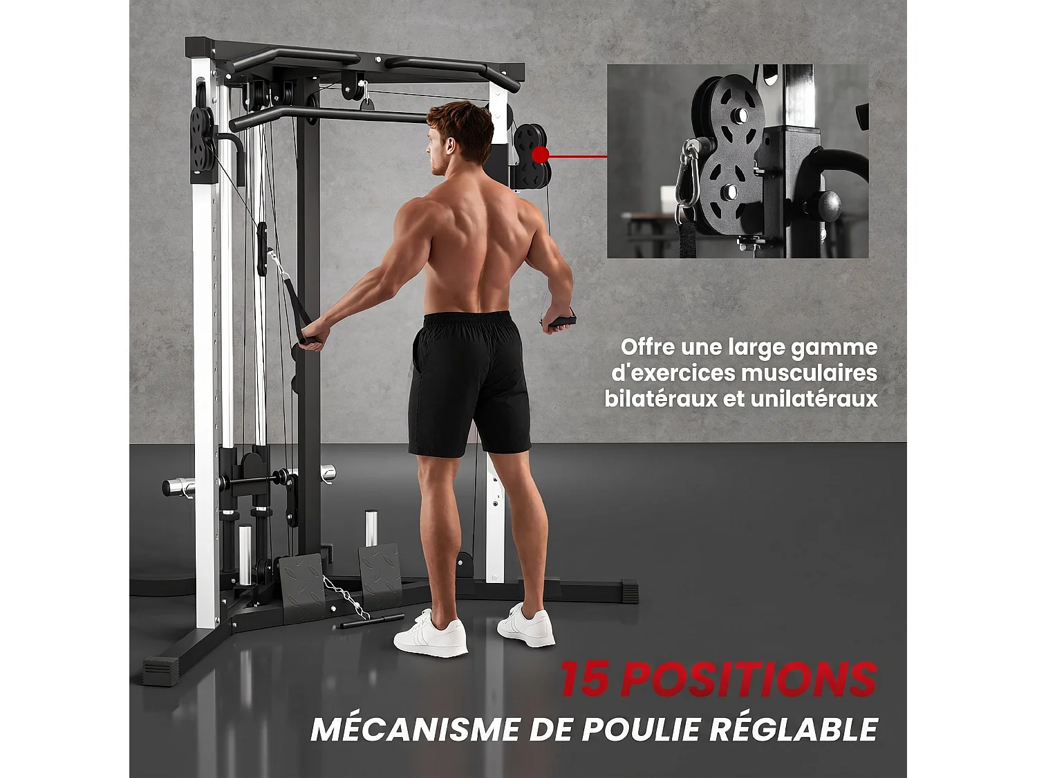 Station de musculation multifonction réglages multiples acier gris noir
