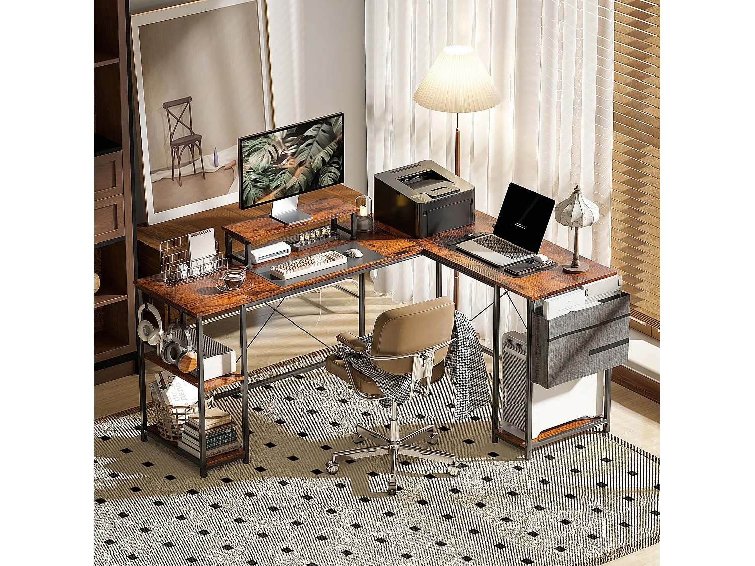 Bureau d'angle modulable réversible style industriel - nombreux rangements - acier noir effet bois vieilli