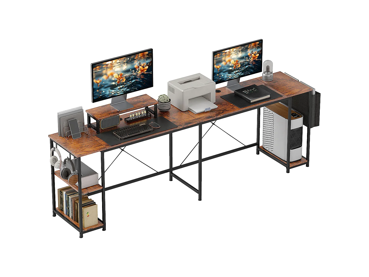 Bureau d'angle modulable réversible style industriel - nombreux rangements - acier noir effet bois vieilli