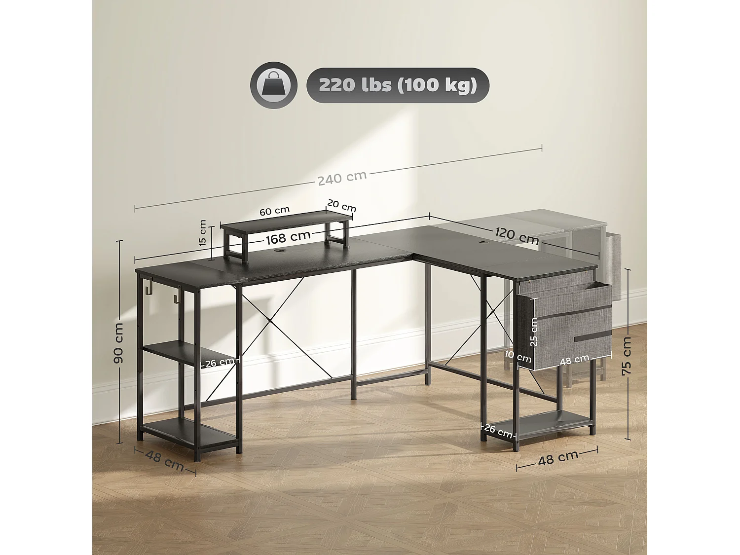 Bureau d'angle modulable réversible style industriel - nombreux rangements - acier noir effet bois noir