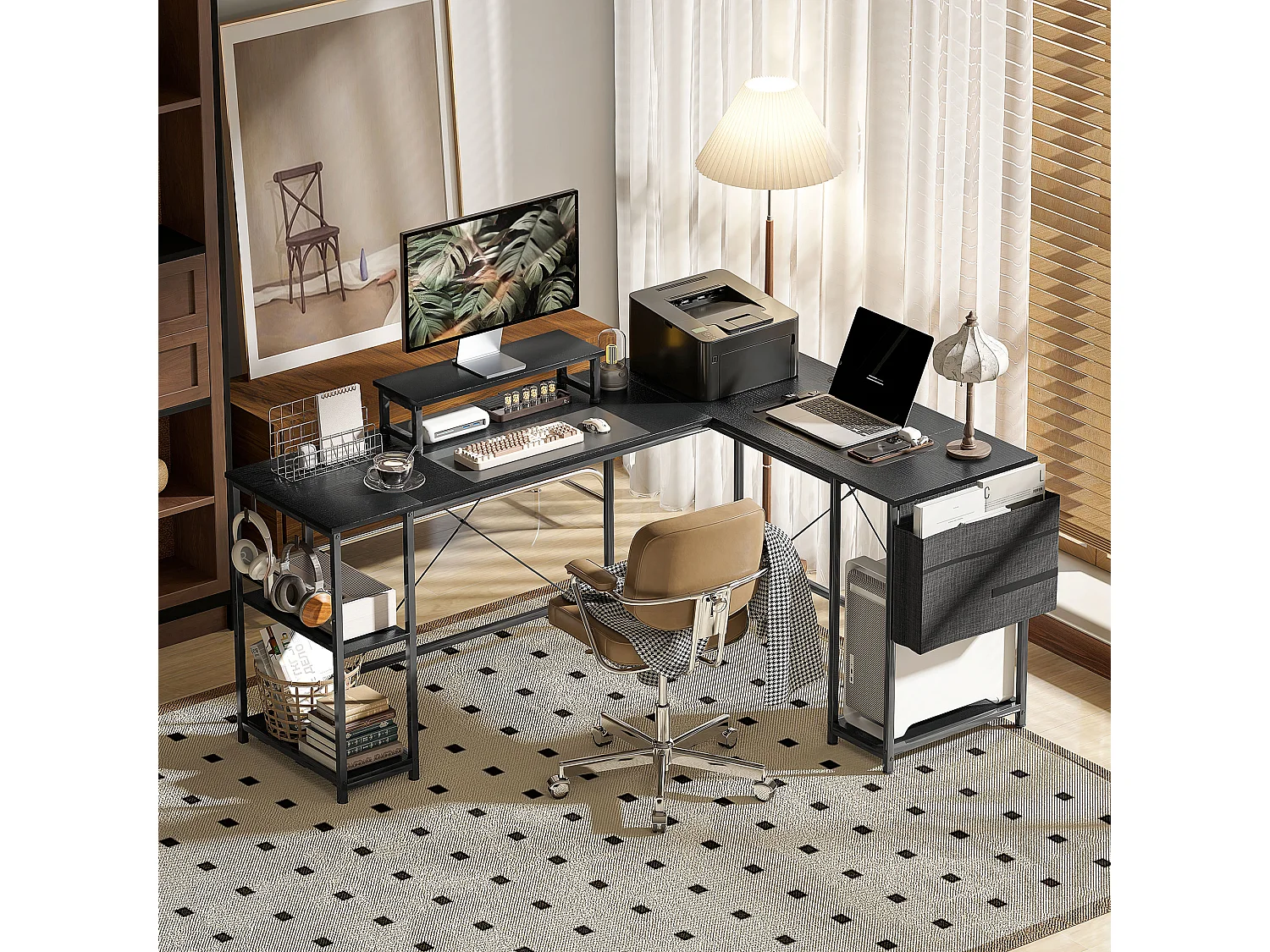 Bureau d'angle modulable réversible style industriel - nombreux rangements - acier noir effet bois noir