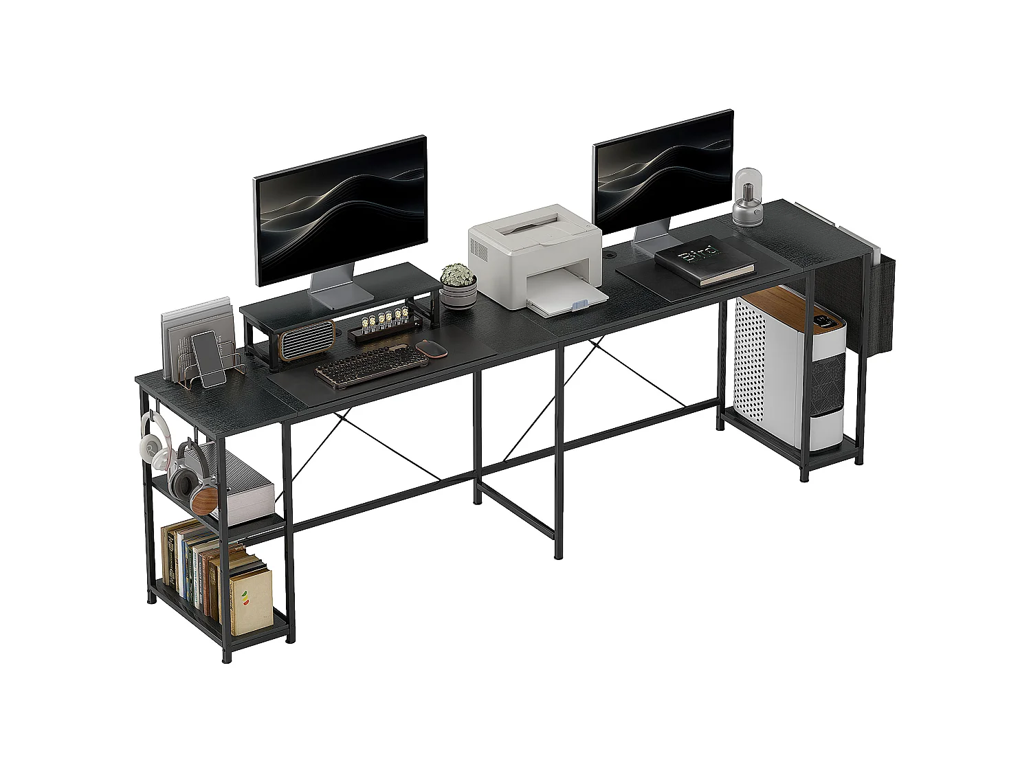 Bureau d'angle modulable réversible style industriel - nombreux rangements - acier noir effet bois noir