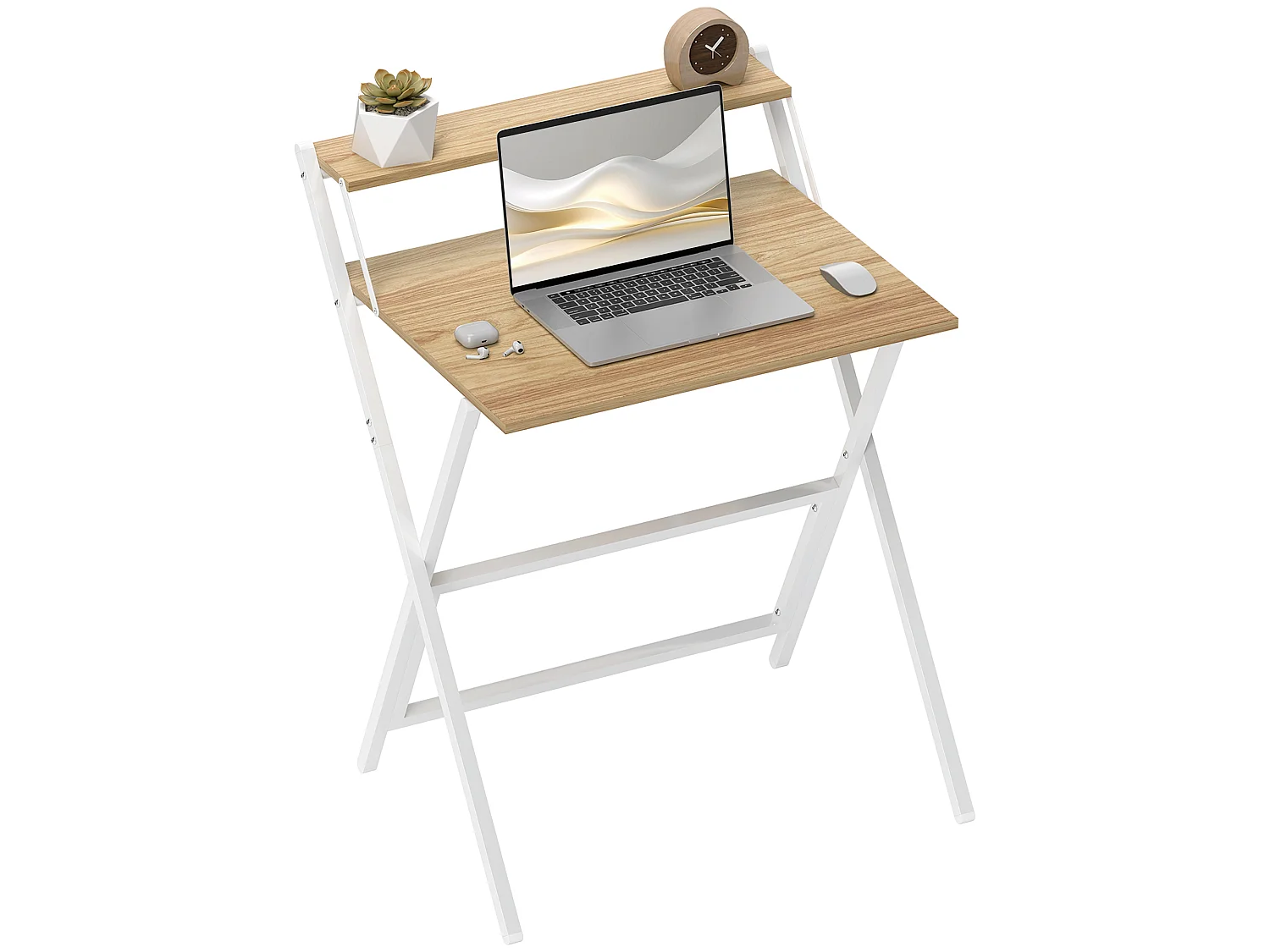 Bureau informatique design pliable - étagère haute - structure acier effet bois clair